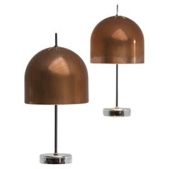 Coppia di lampade da tavolo a fungo in rame e cromo anni '70