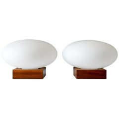 Pair of Mushroom Table Lamps with Walnut Cube Base, circa 1970