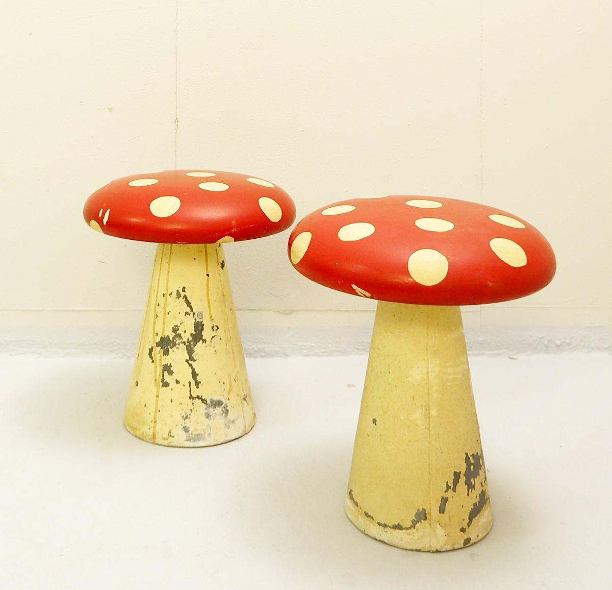 Mid-Century Modern Pair Of Mushroom Wooden And Zinc Mushroom Stools