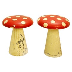 Vintage Pair Of Mushroom Wooden And Zinc Mushroom Stools