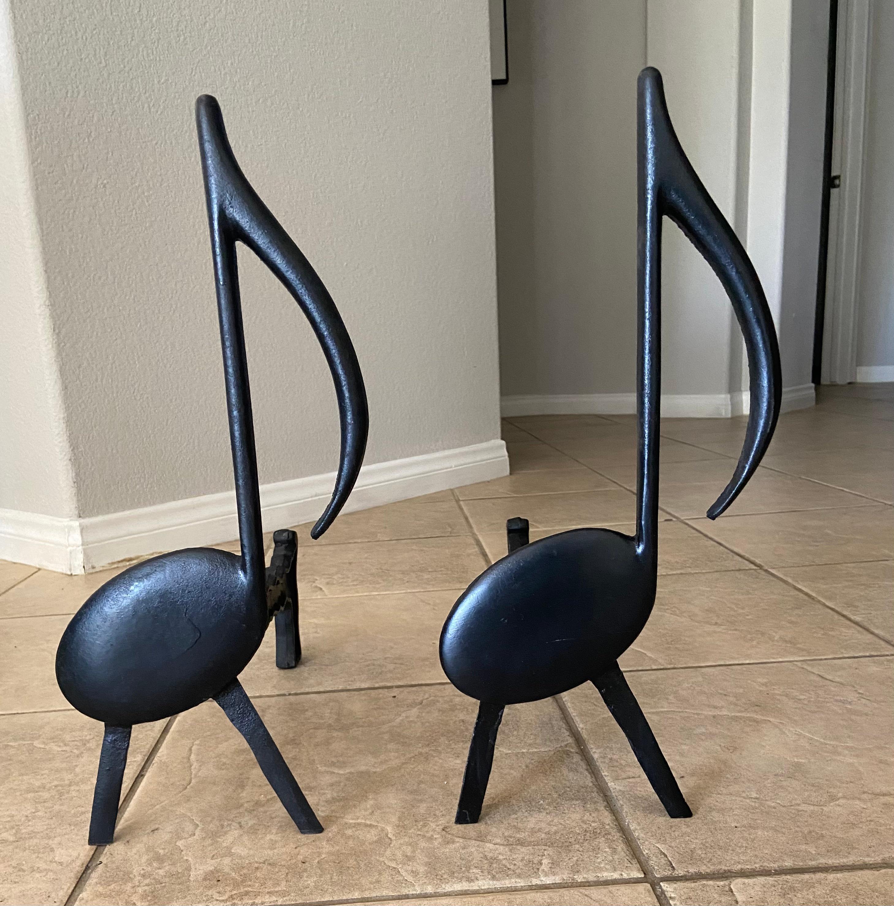 Mid-20th Century Pair of Music Note Fireplace Andirons For Sale