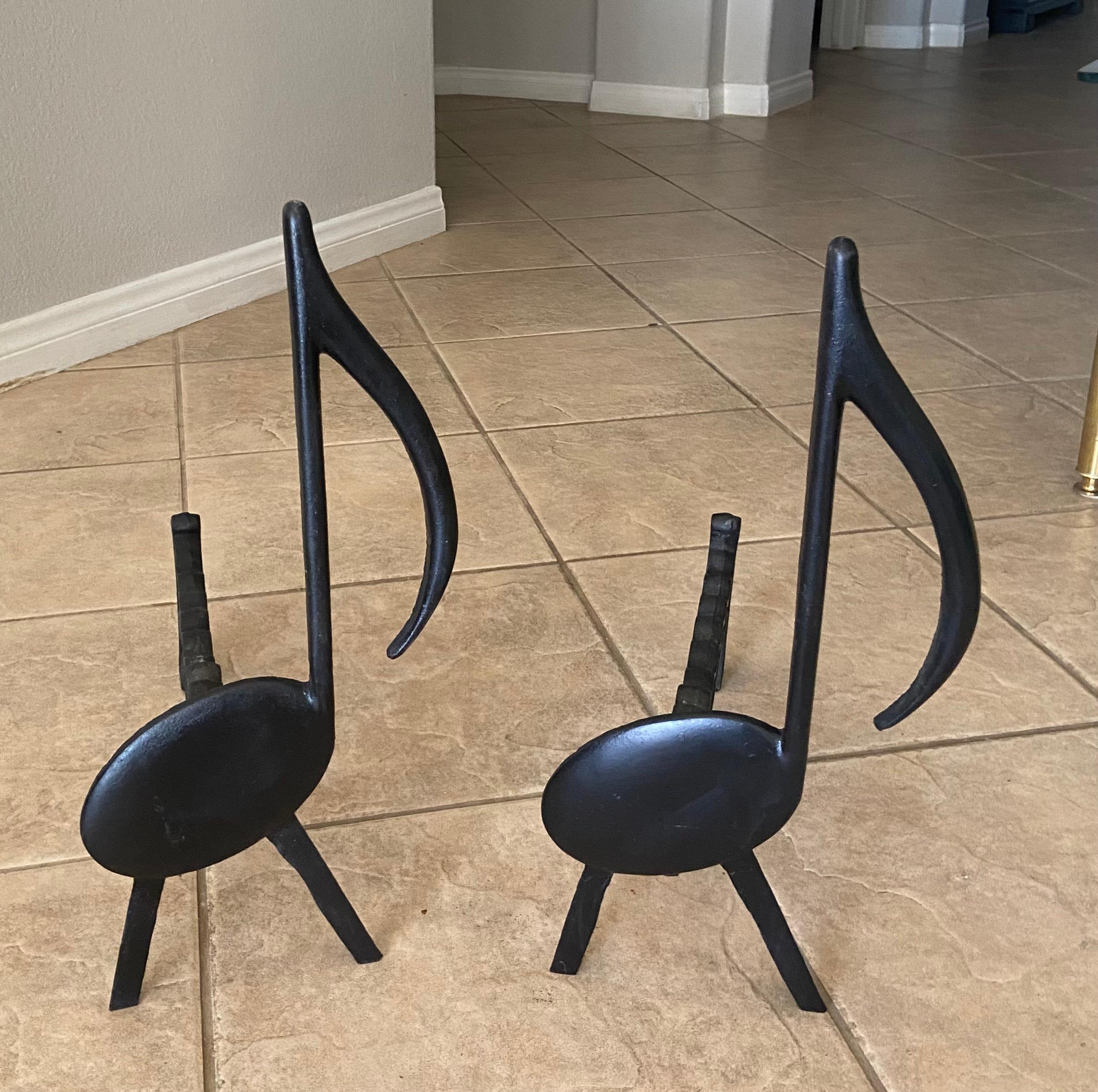 Iron Pair of Music Note Fireplace Andirons For Sale