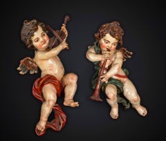 Pair of Baroque Musical Angels in Polychromed Wood, Spanish School, Late 18th