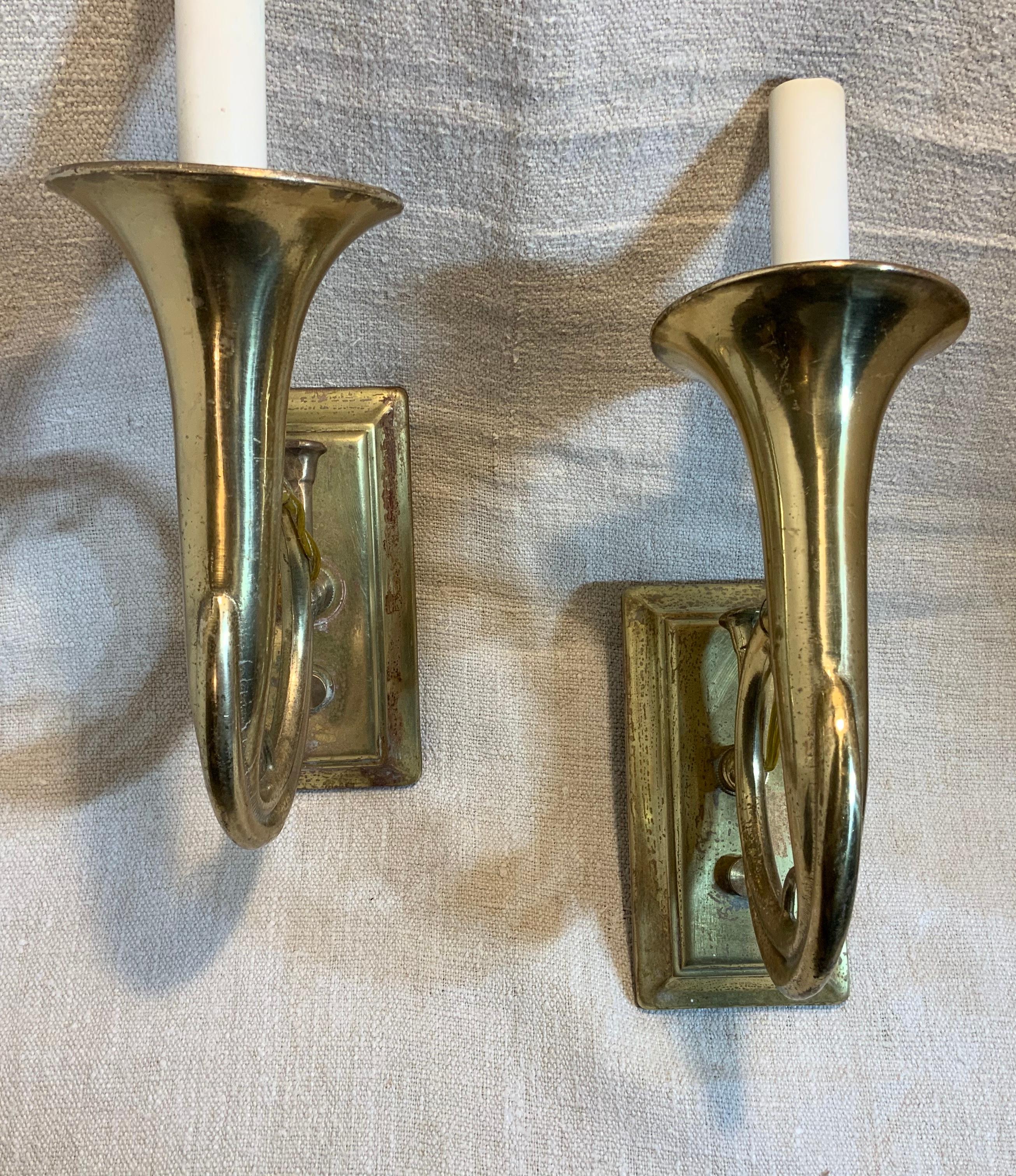 Pair of Musical Trumpet Like Brass Wall Sconces 5