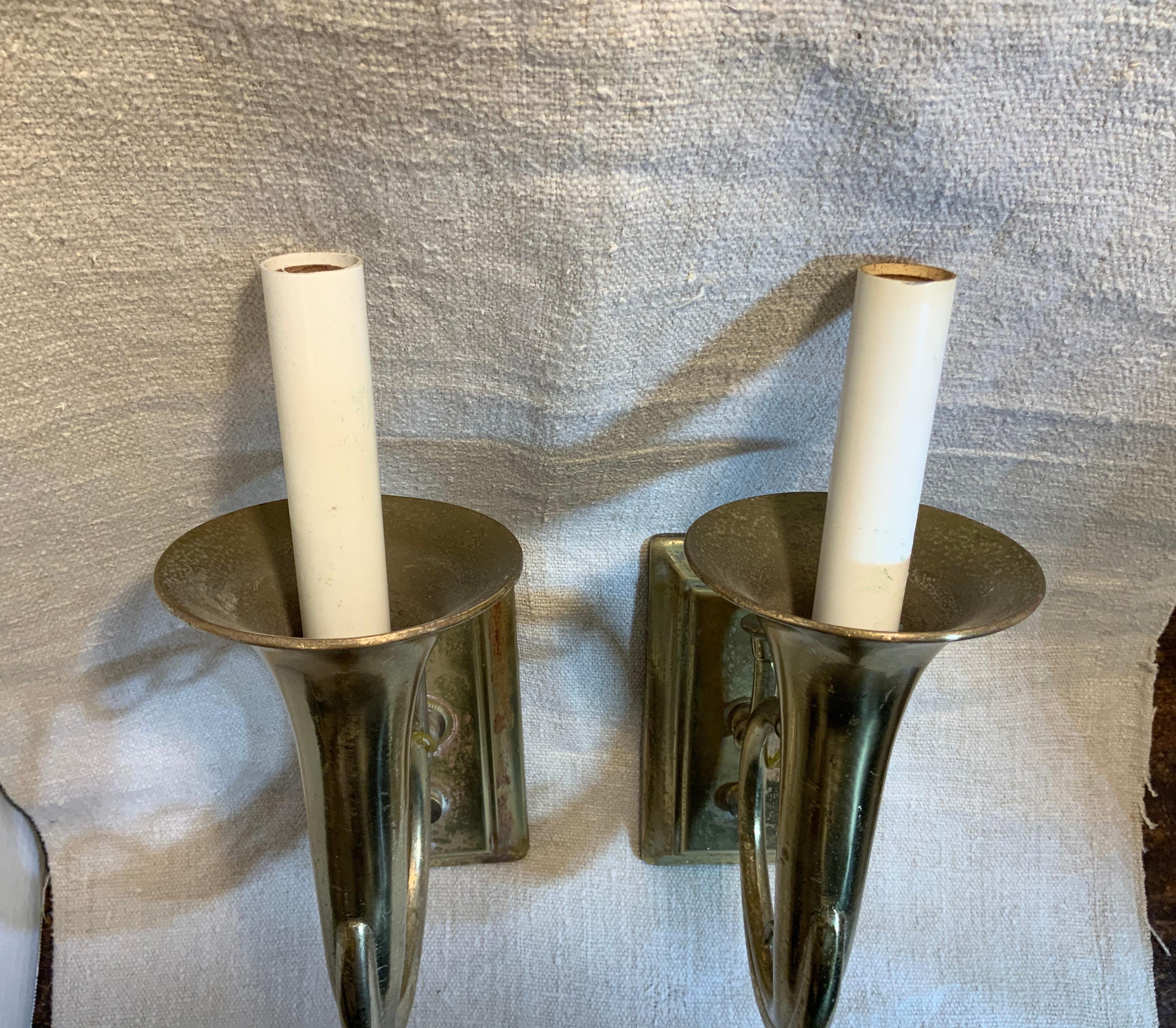 Pair of Musical Trumpet Like Brass Wall Sconces 6
