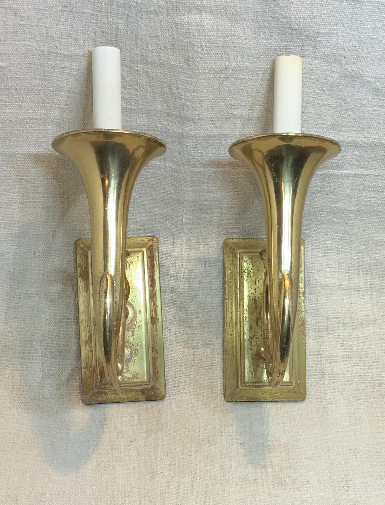 Pair of Musical Trumpet Like Brass Wall Sconces 7