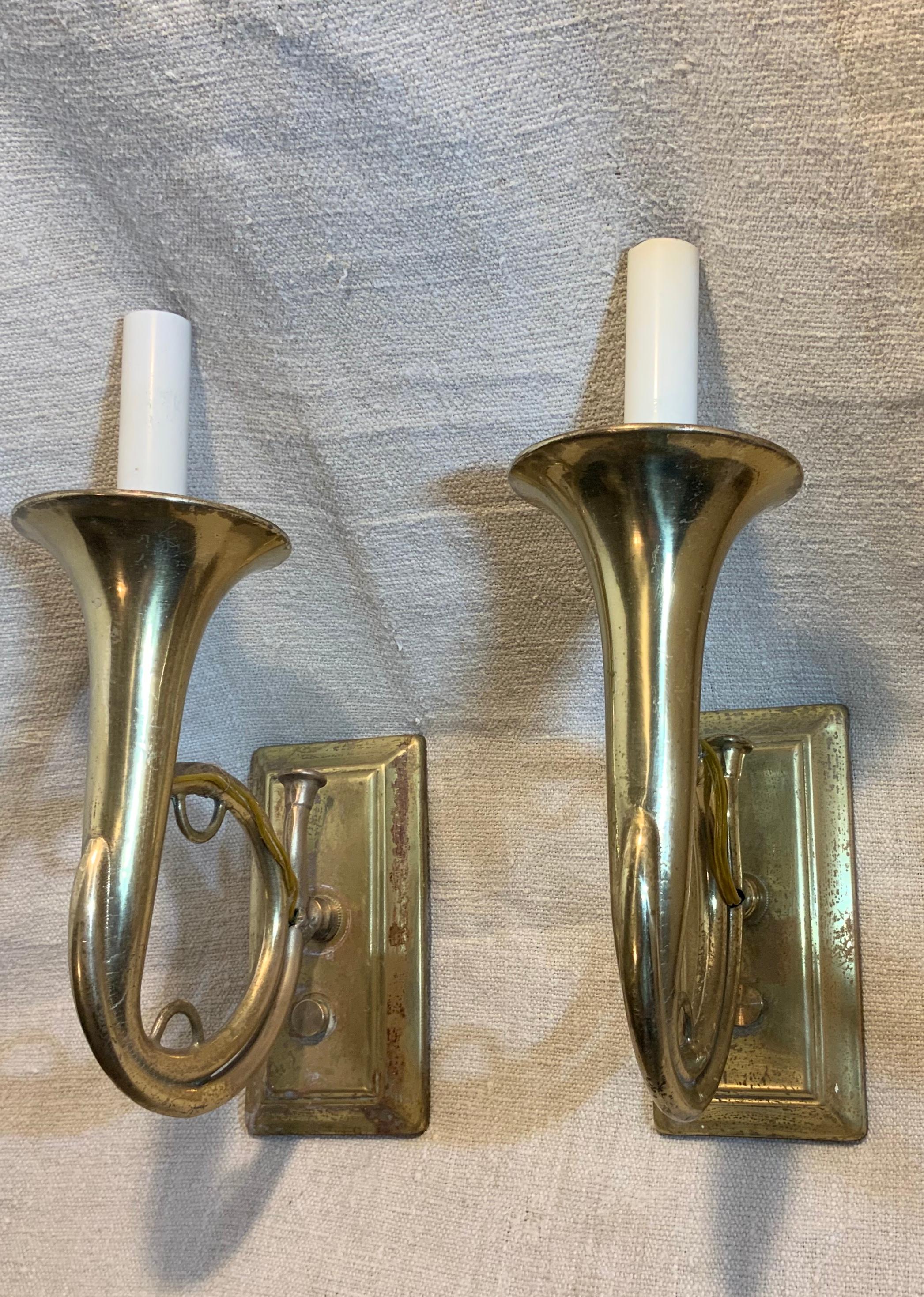 American Pair of Musical Trumpet Like Brass Wall Sconces