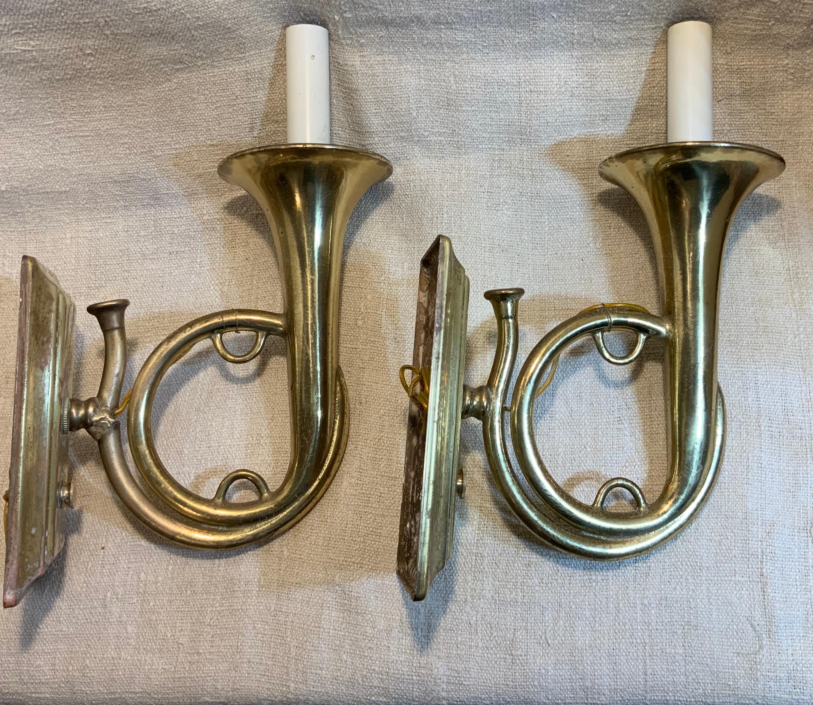 Pair of Musical Trumpet Like Brass Wall Sconces In Good Condition In Delray Beach, FL