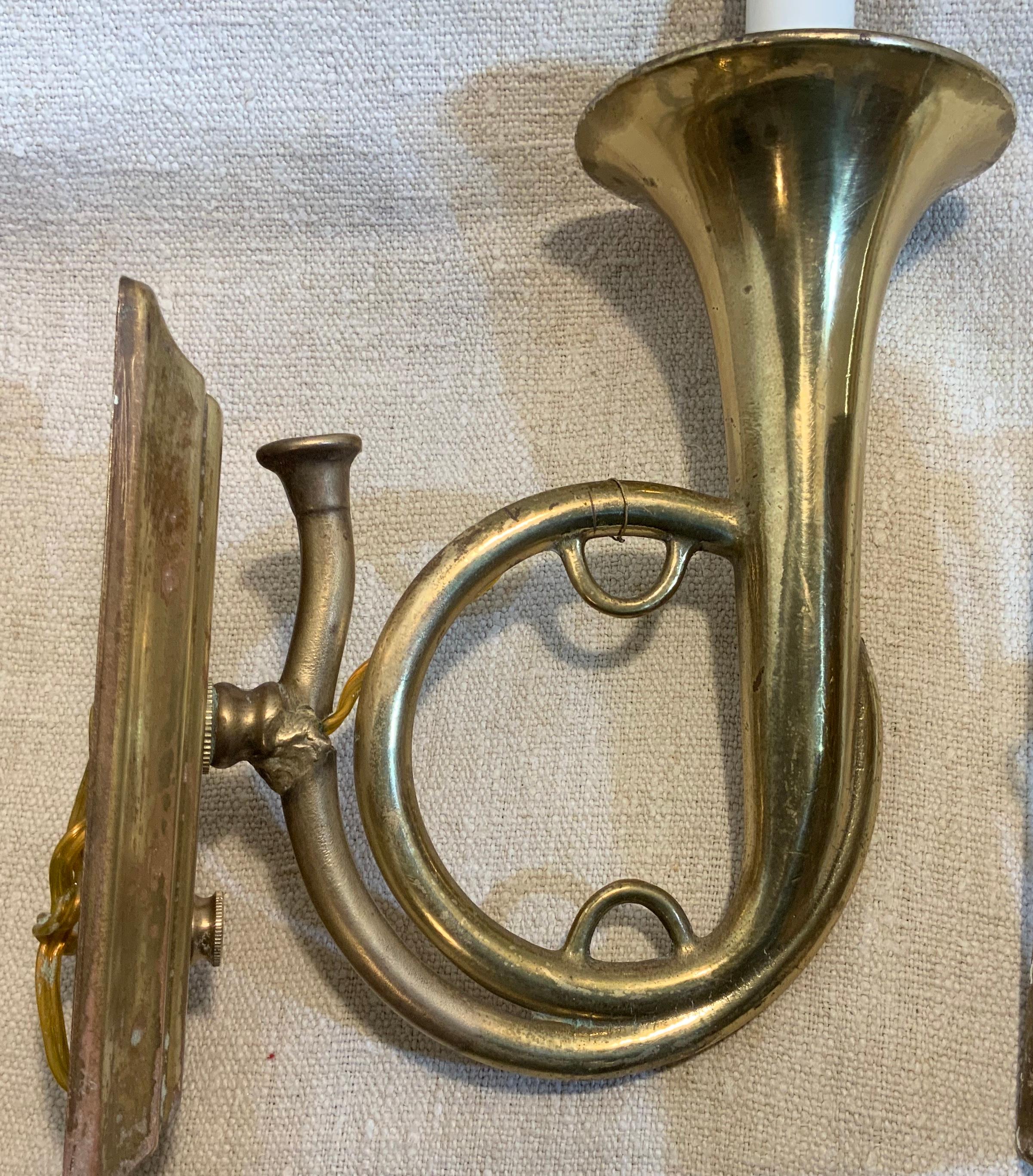 Mid-20th Century Pair of Musical Trumpet Like Brass Wall Sconces