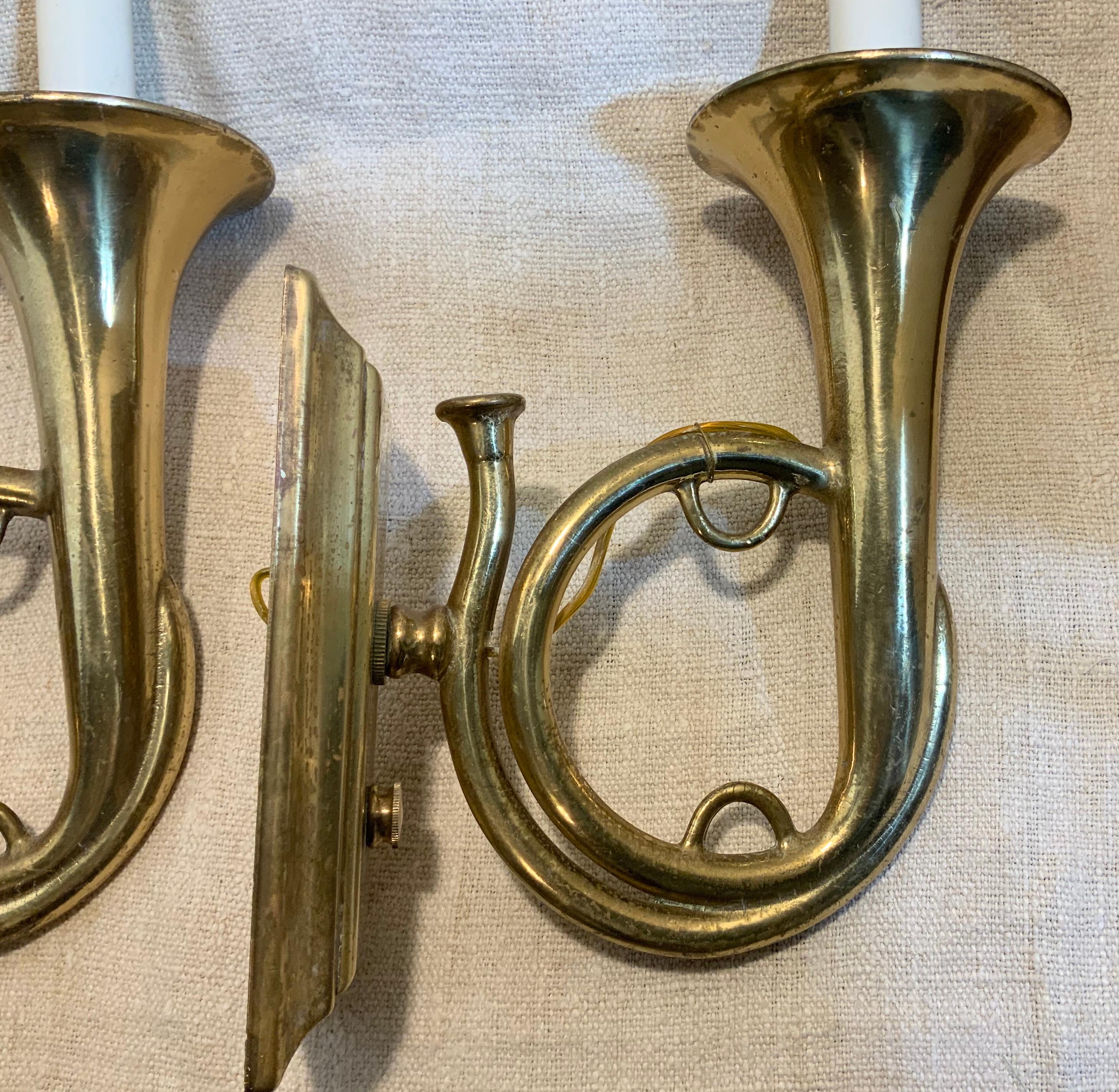 Pair of Musical Trumpet Like Brass Wall Sconces 1