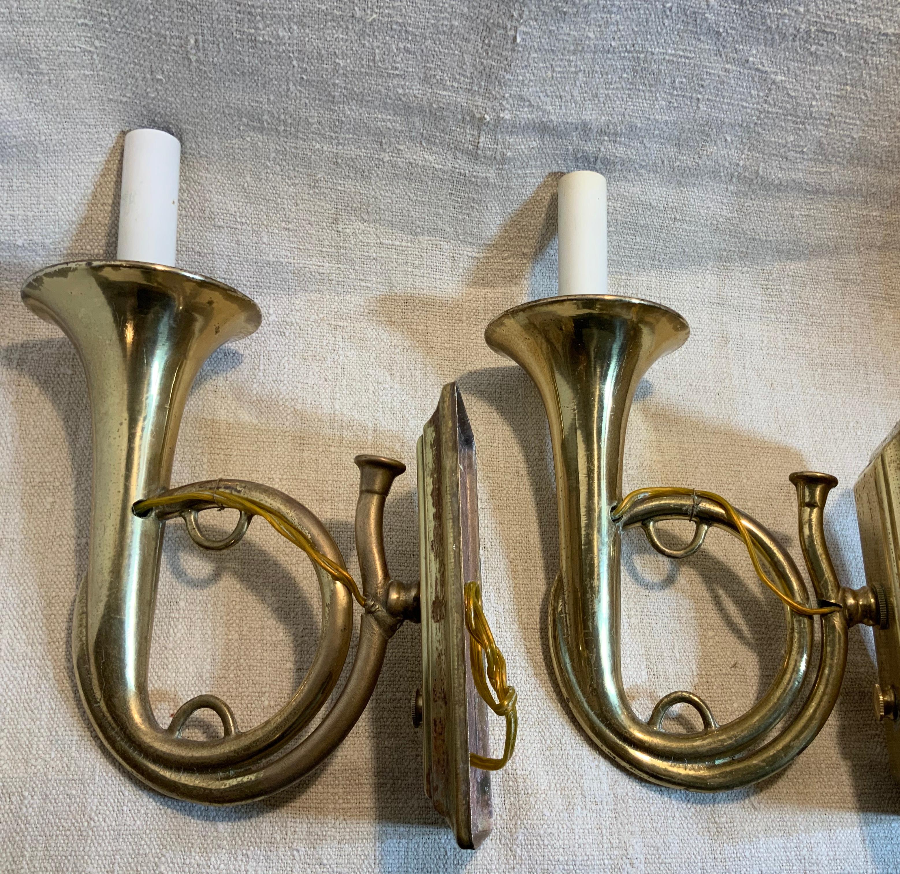 Pair of Musical Trumpet Like Brass Wall Sconces 2