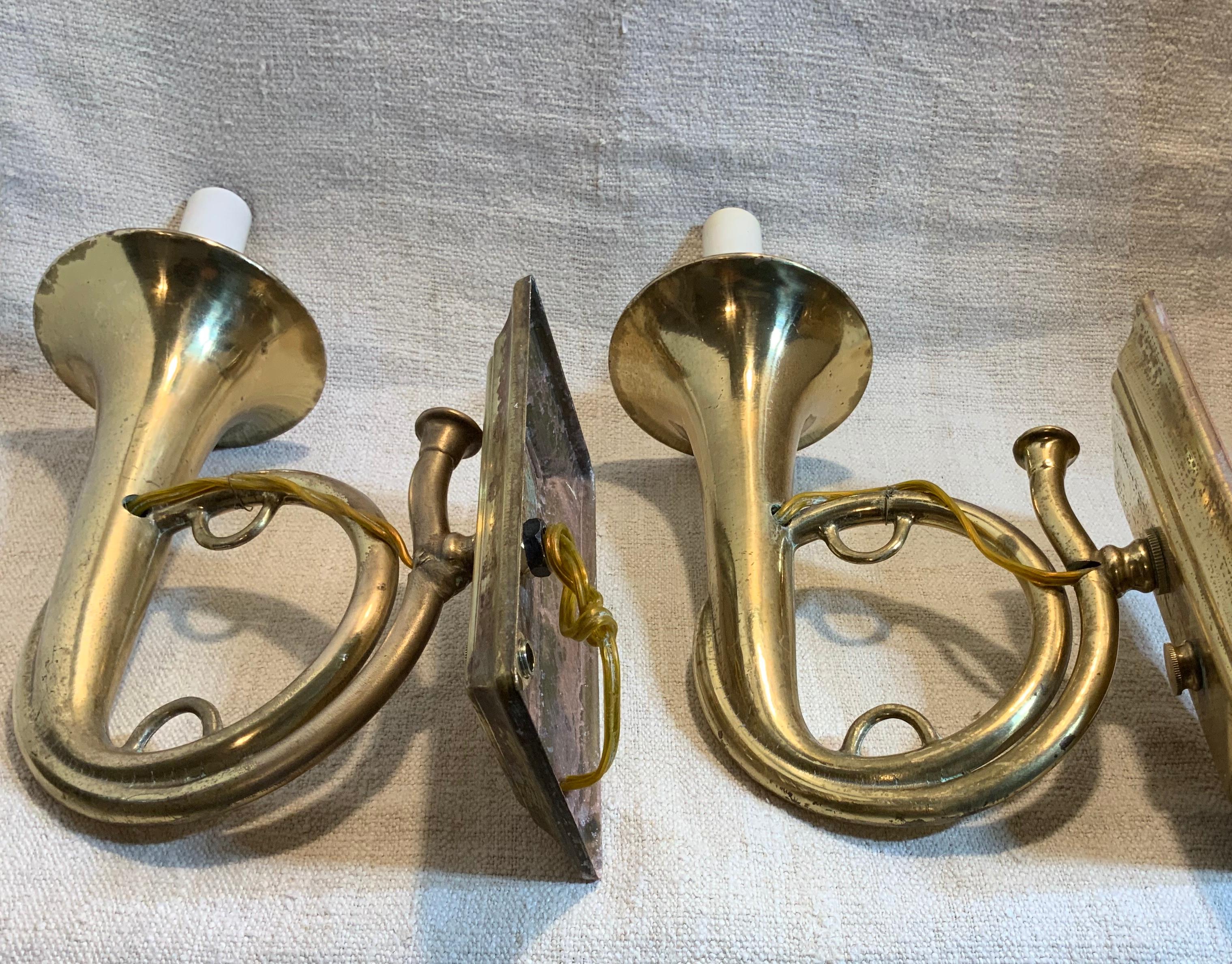 Pair of Musical Trumpet Like Brass Wall Sconces 3