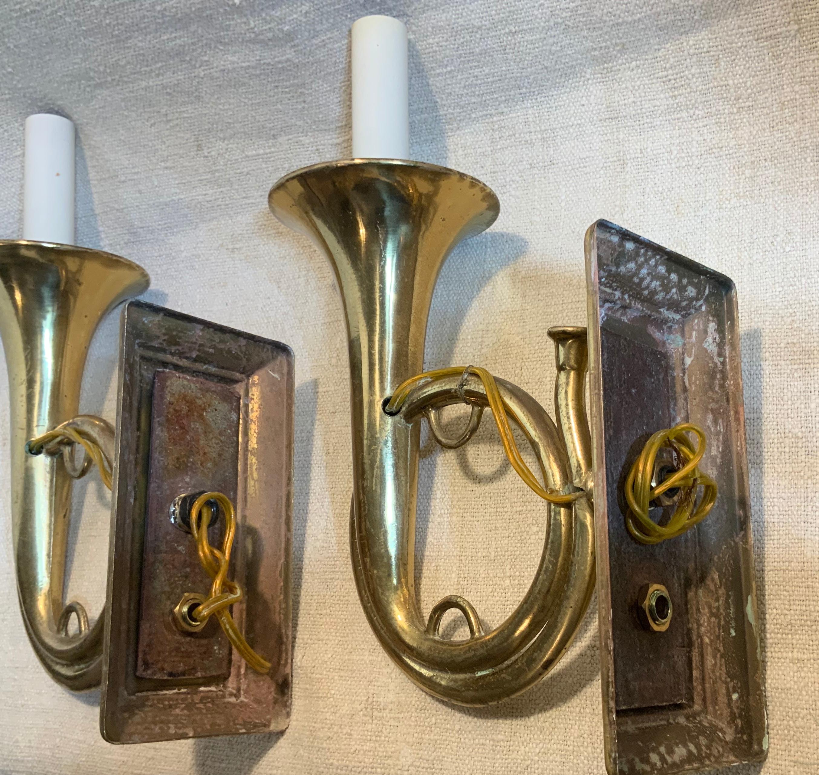 Pair of Musical Trumpet Like Brass Wall Sconces 4