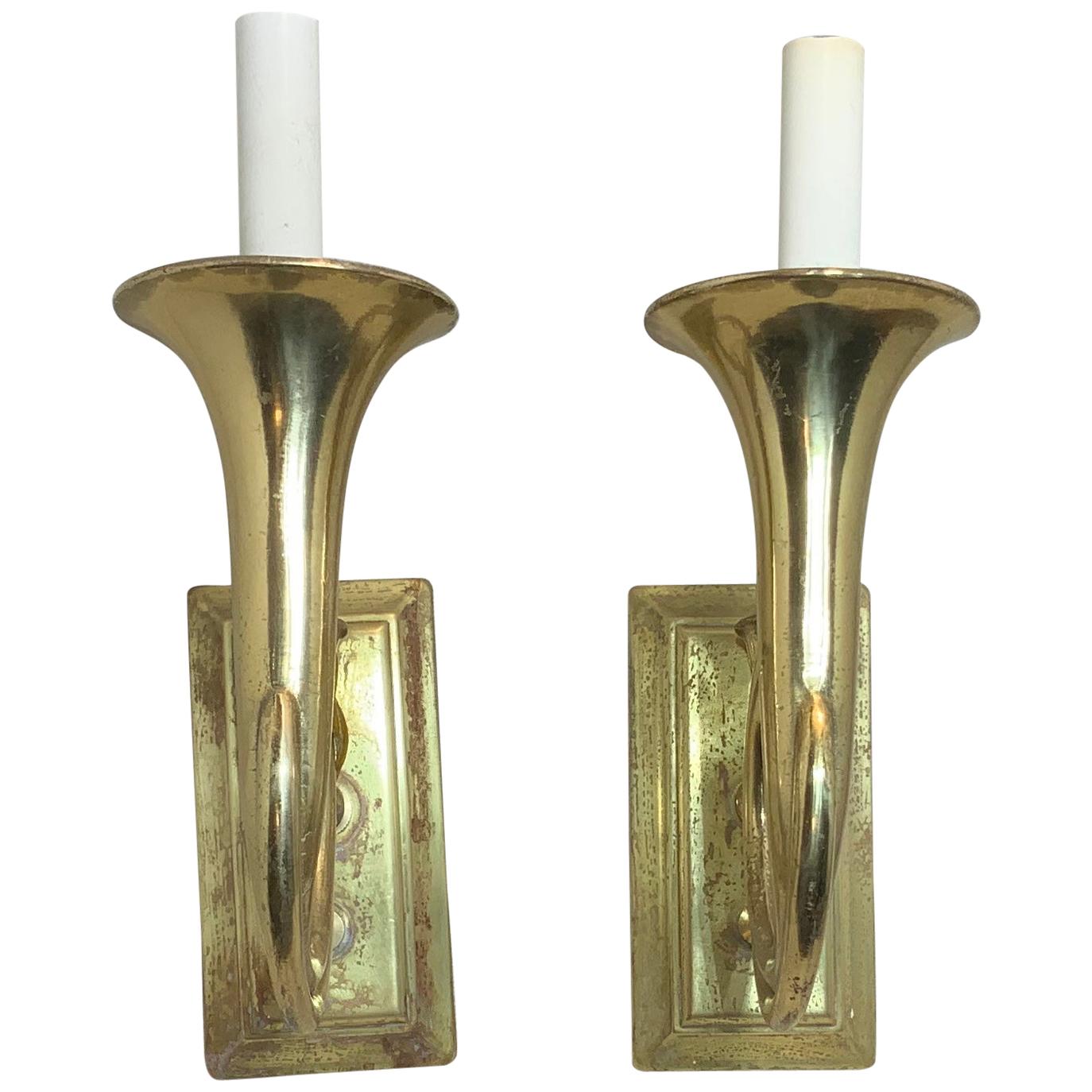 Pair of Musical Trumpet Like Brass Wall Sconces