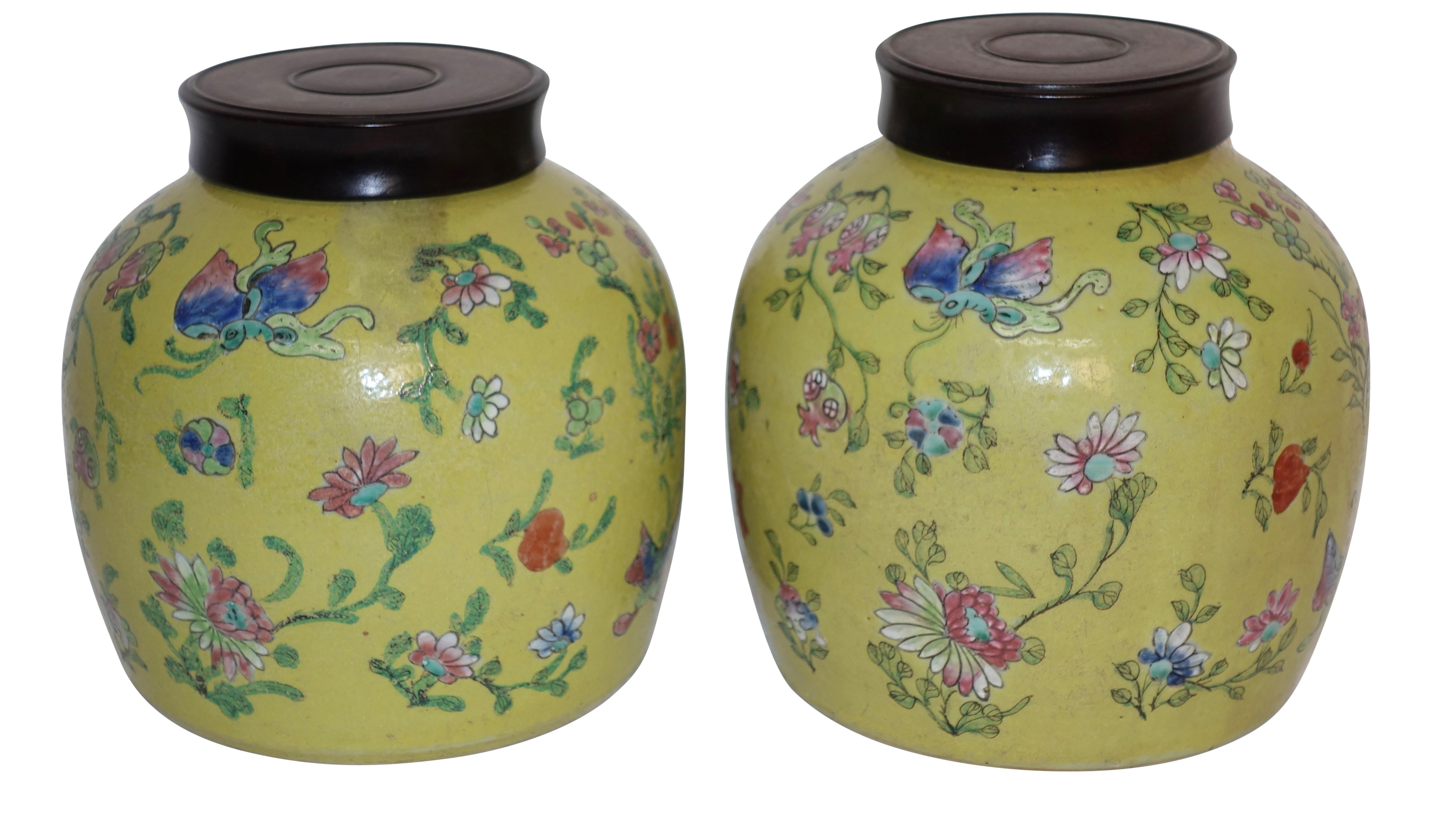 Ceramic Pair of Mustard Yellow Jars with Wooden Lids, Chinese, Early 20th Century