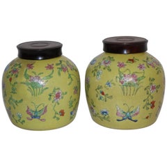 Antique Pair of Mustard Yellow Jars with Wooden Lids, Chinese, Early 20th Century