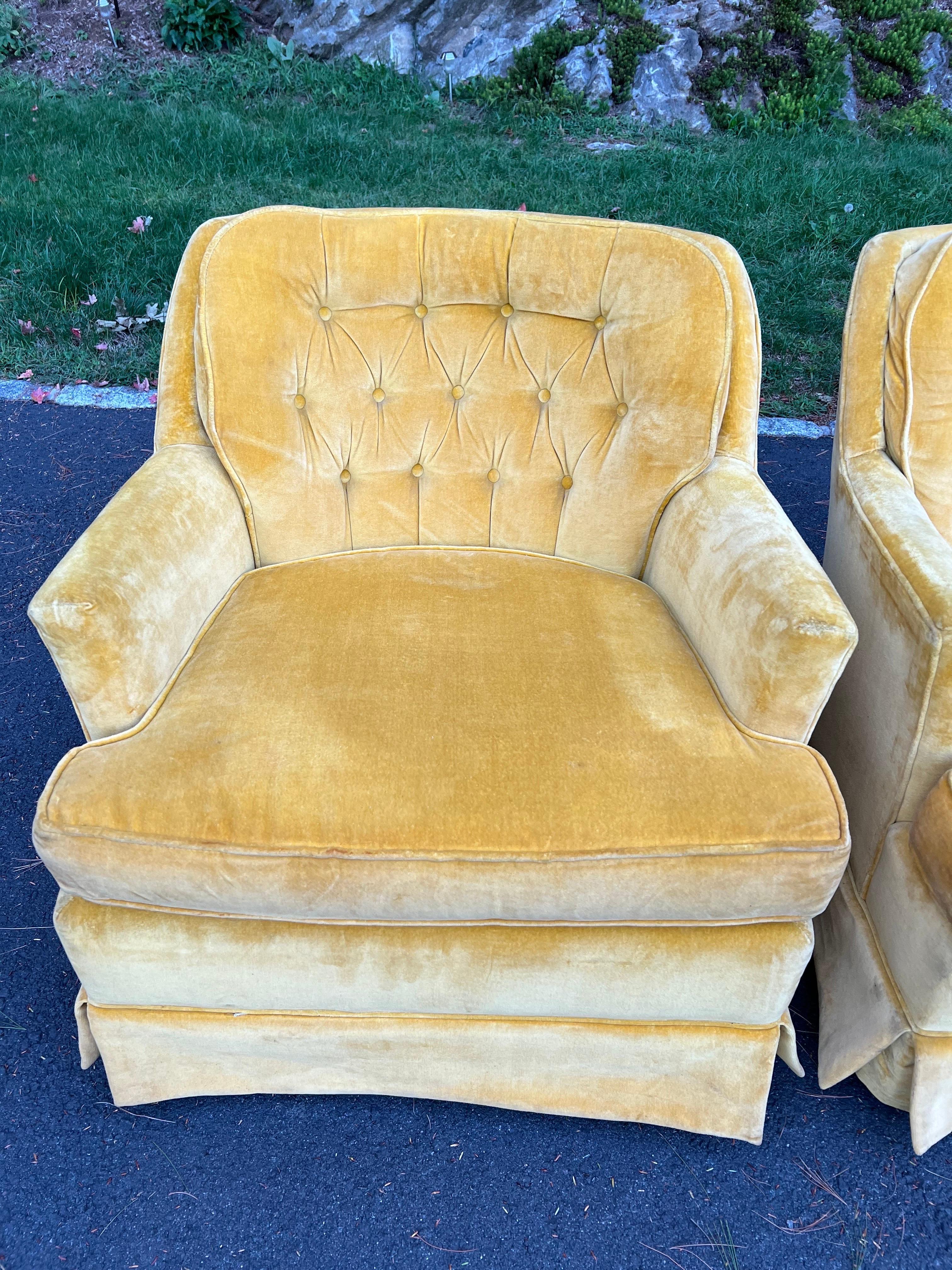Pair of Mustard Yellow Velvet Club Chairs For Sale 1