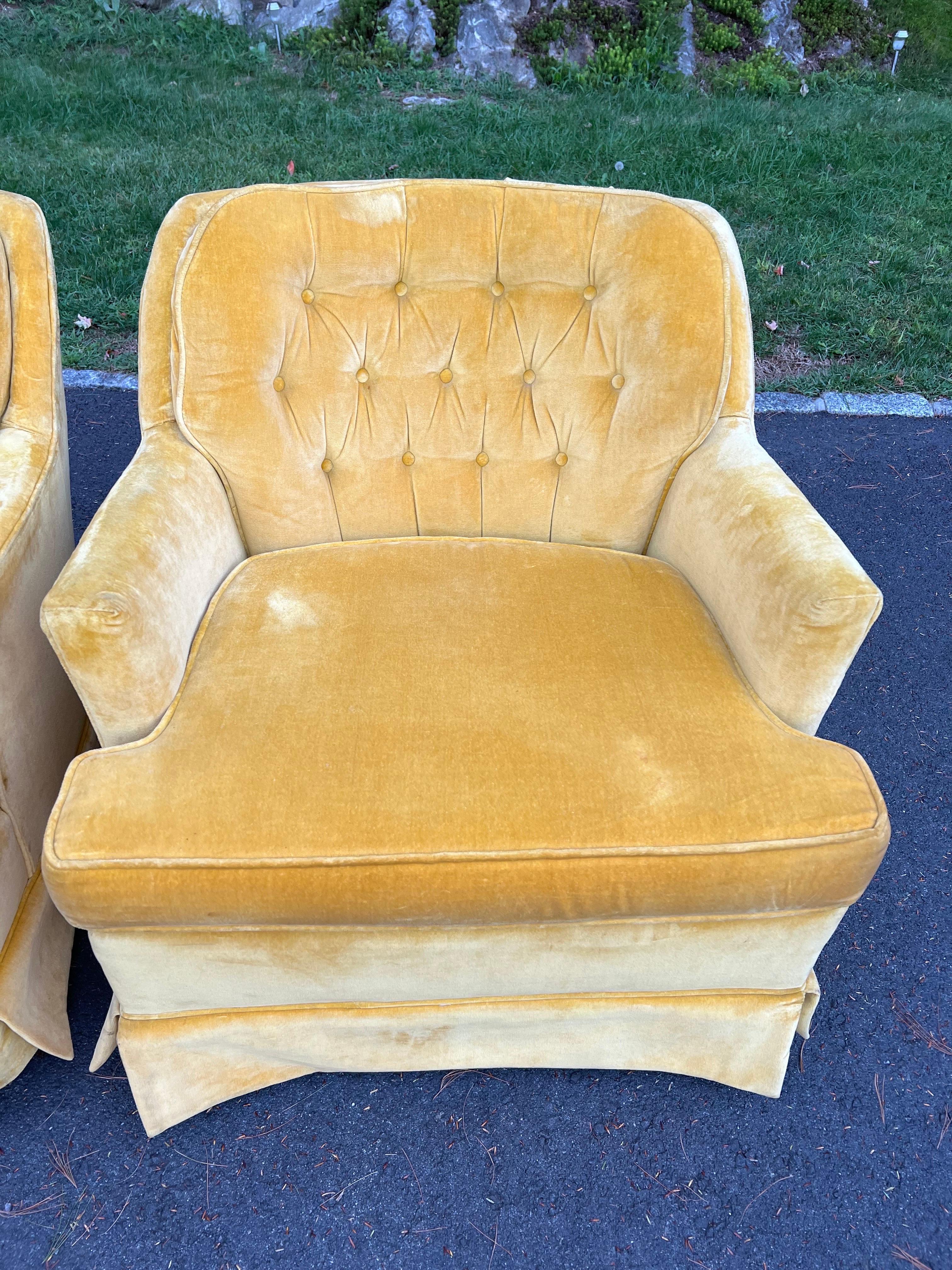 Pair of Mustard Yellow Velvet Club Chairs For Sale 2