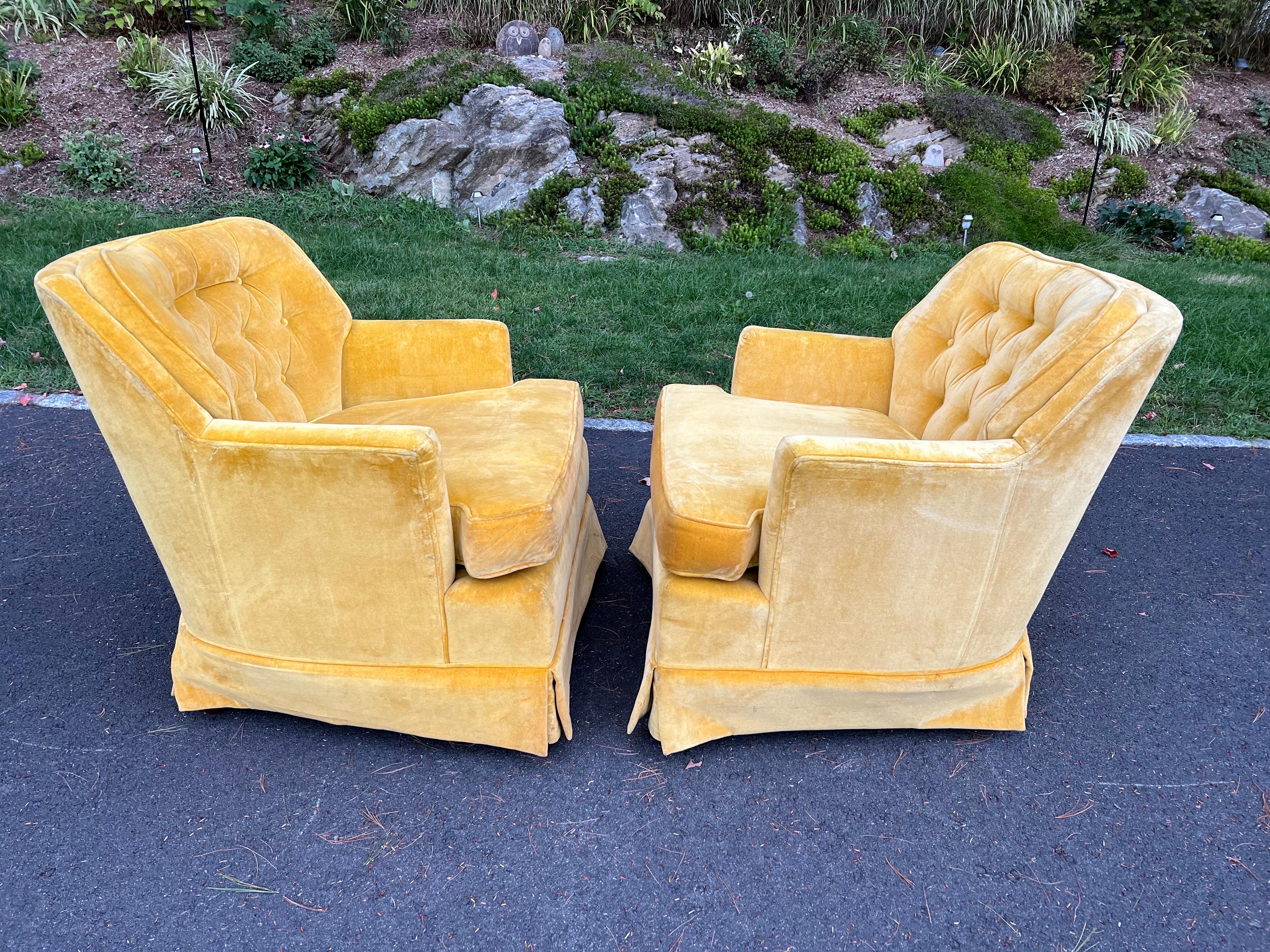 Pair of Mustard Yellow Velvet Club Chairs In Good Condition For Sale In Redding, CT