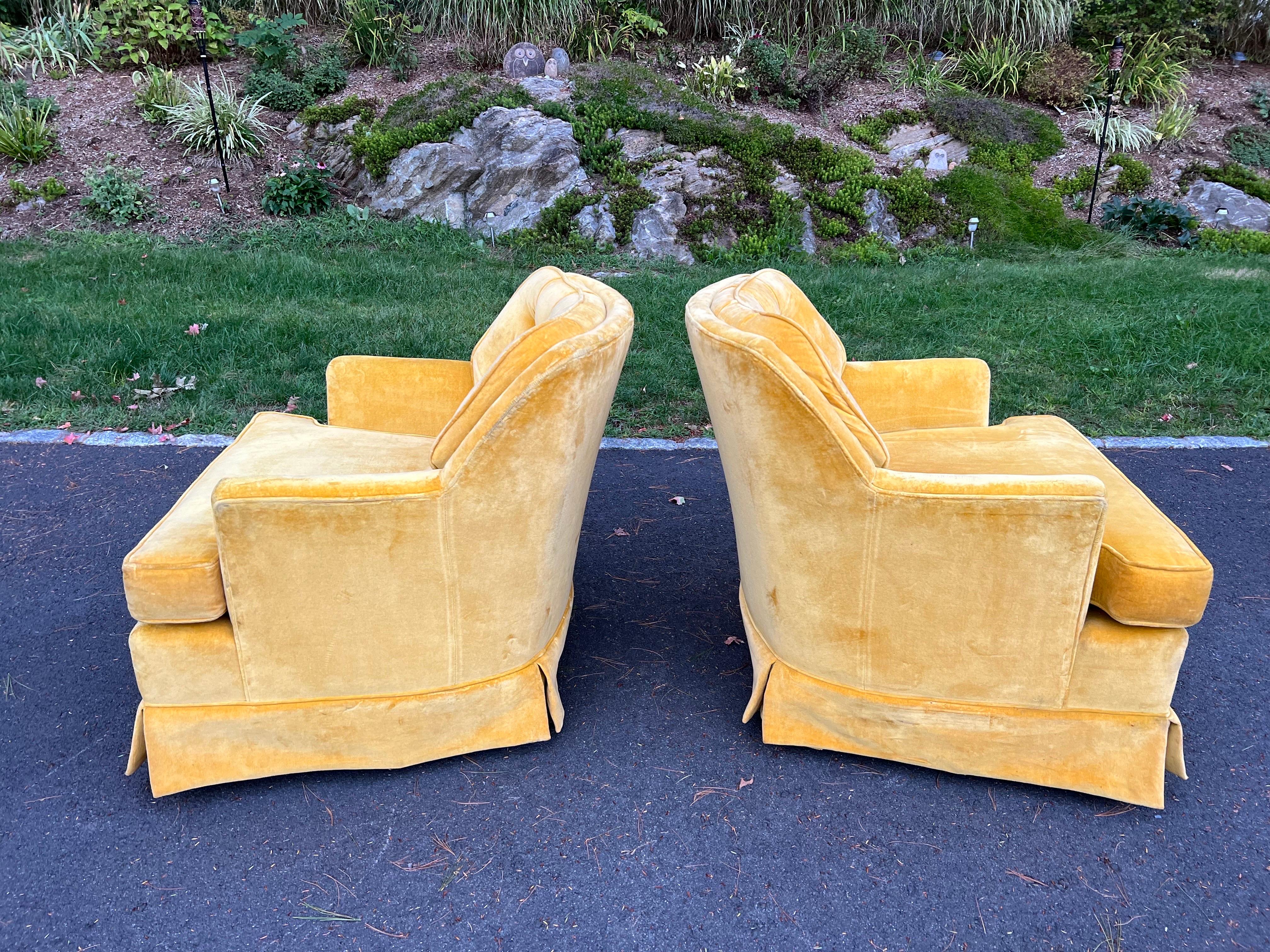 Late 20th Century Pair of Mustard Yellow Velvet Club Chairs For Sale