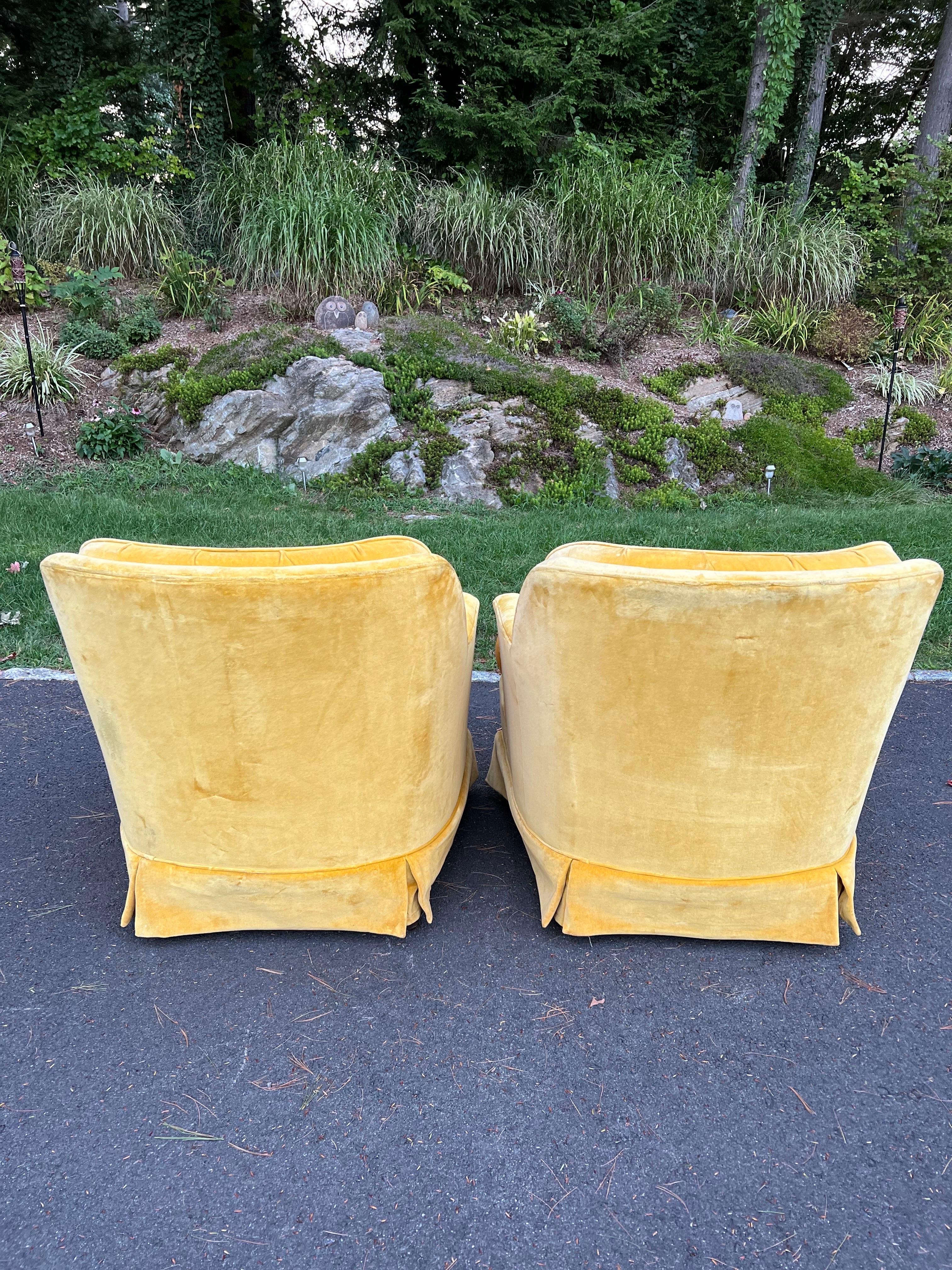 Wood Pair of Mustard Yellow Velvet Club Chairs For Sale