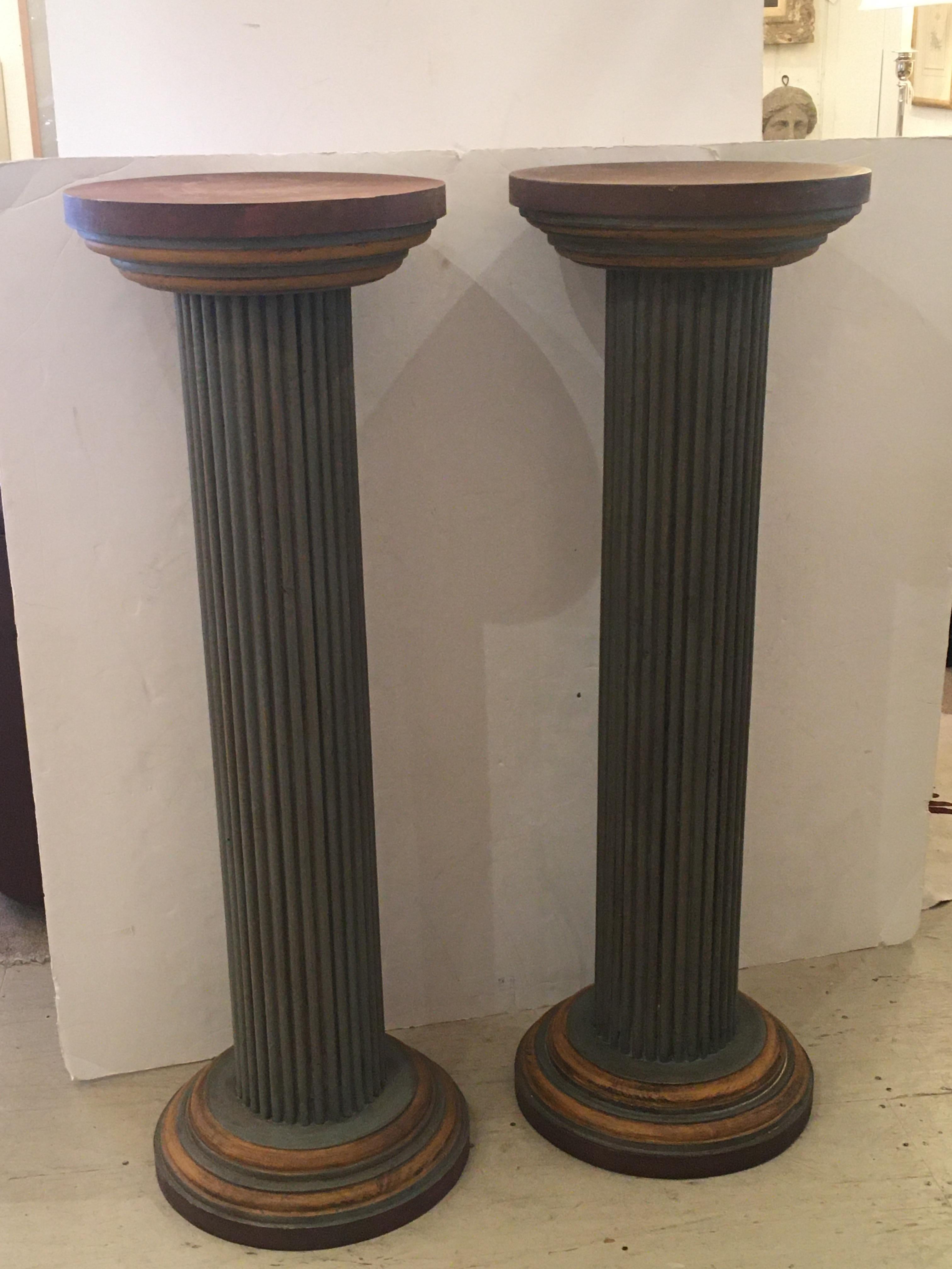 Mid-20th Century Pair of Muted Neoclassical Carved Wood Painted Architectural Columns