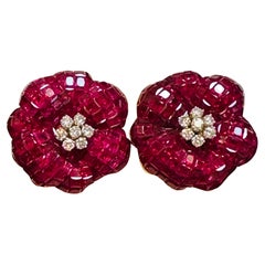 Pair of "Mystery Set" 50 Cr Ruby & Diamond "Fleurettes" Ear Stud Earrings, 18KYG