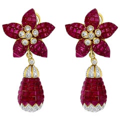 Antique Pair of "Mystery Set" Ruby & Diamond "Fleurettes" Ear Pendants Earrings, 18K