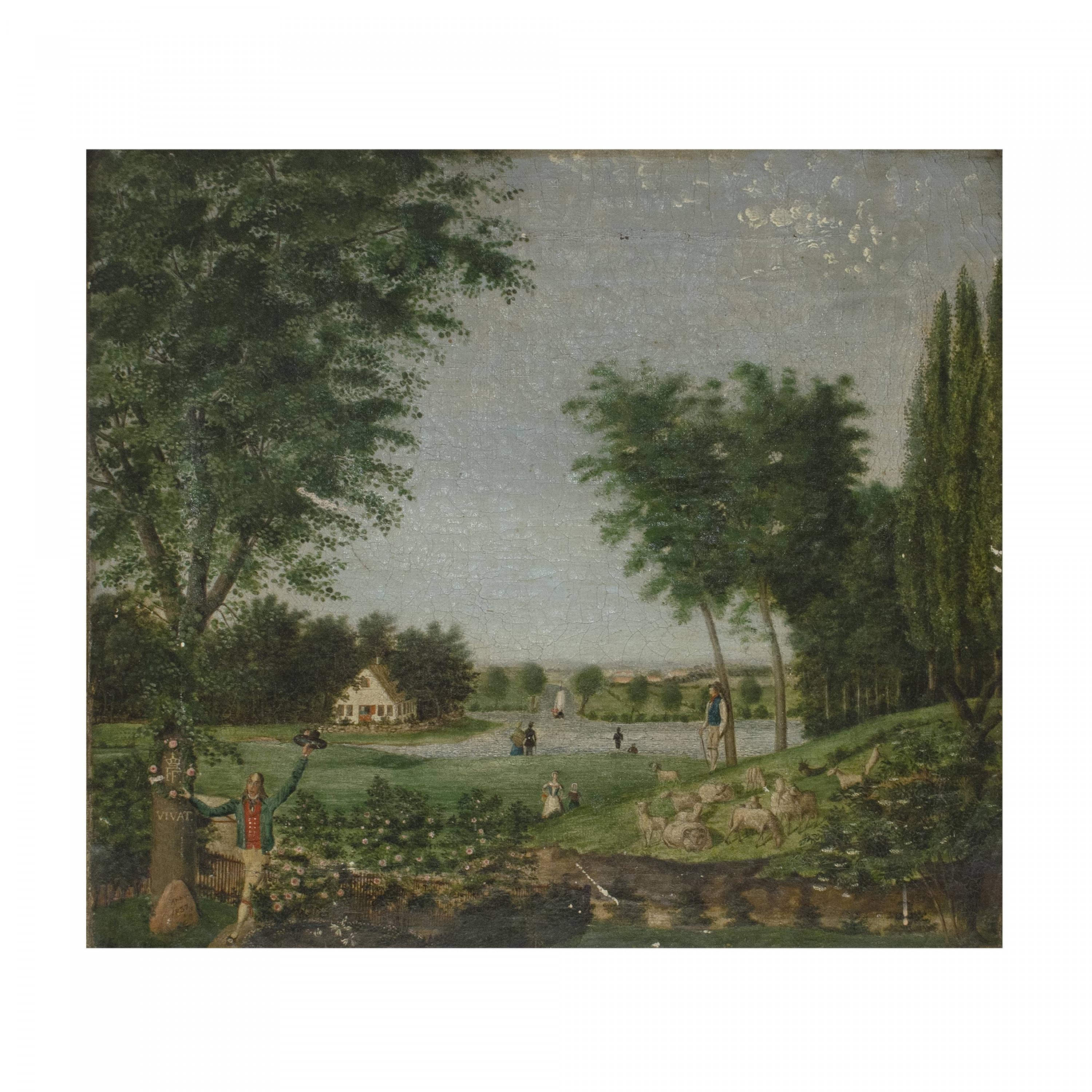 Pair of Naïve Allegorical Landscape Paintings Sign, Christian Georg v. Lind For Sale 4