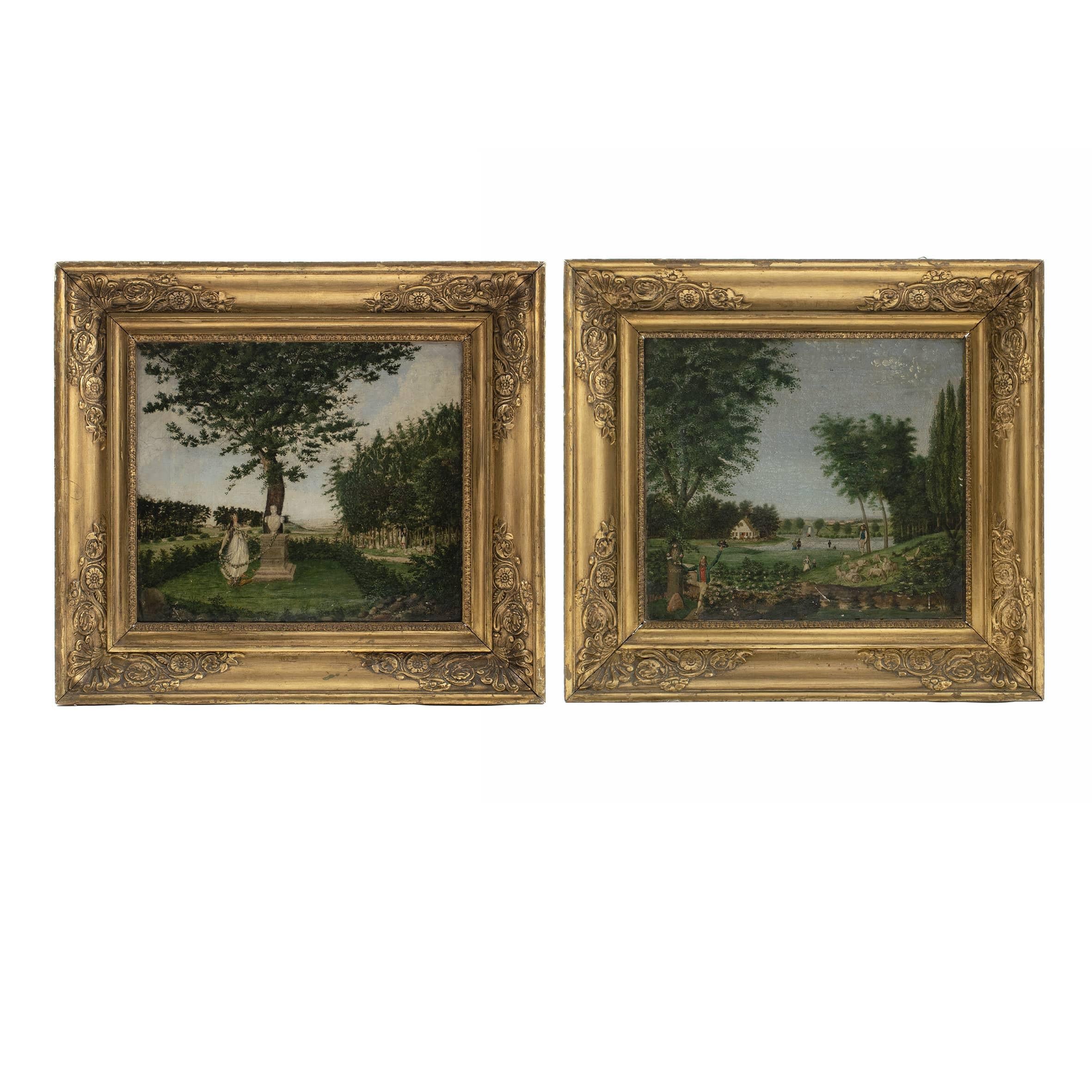 Pair of naïve allegorical landscape paintings.
Oil on canvas 
Signed Lieutenant Christian Georg V. Lind, 1837 and 1838.
See text on the back.
In original gilded damgaard frames. Etiquette from here.

A pair of charming and decorative