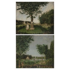 Antique Pair of Naïve Allegorical Landscape Paintings Sign, Christian Georg v. Lind