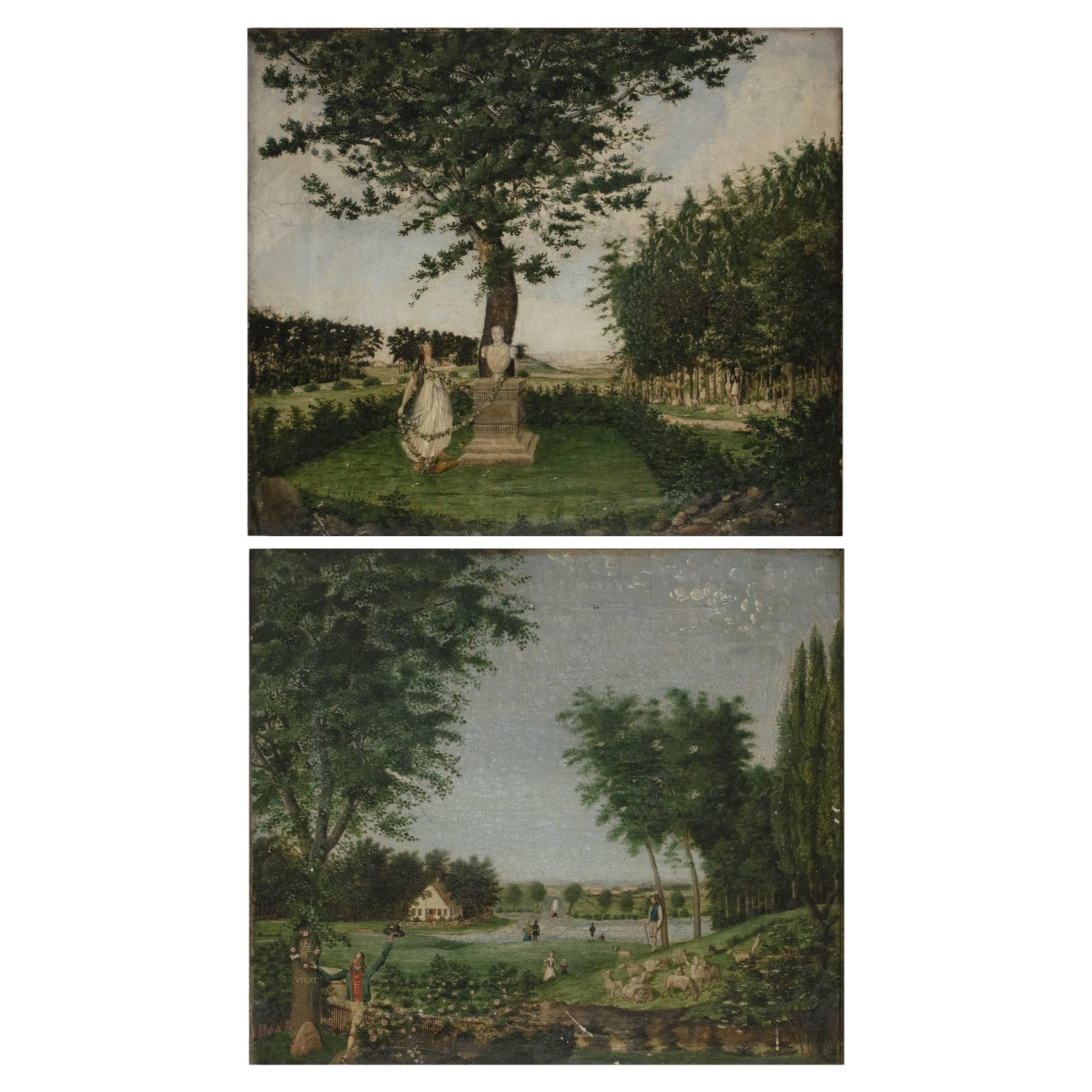 Pareja de pinturas naïf de paisajes alegóricos Signo, Christian Georg v. Lind