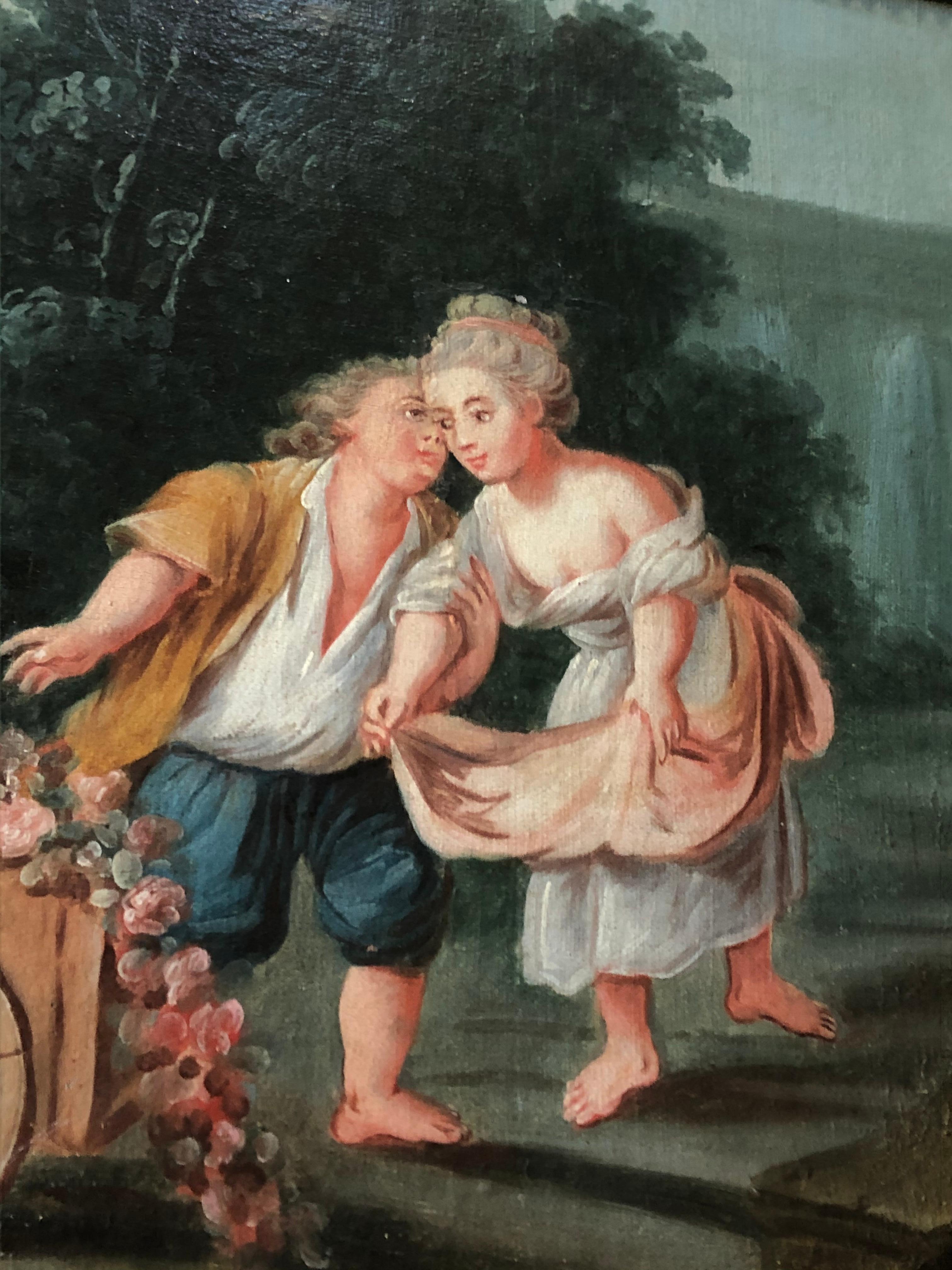 18th Century Pair of Naive French Paintings, Garden Theme, 18th C.