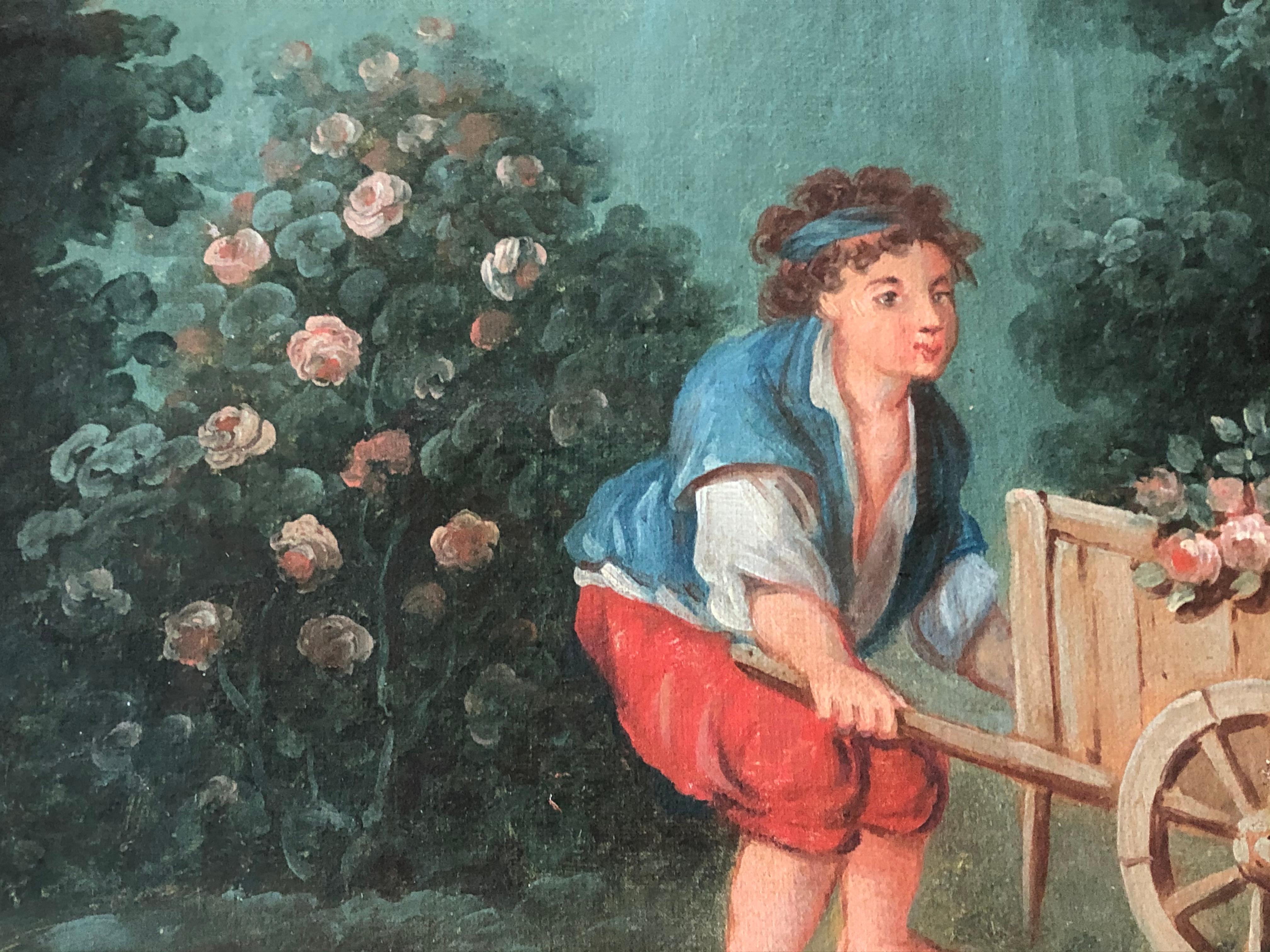 Canvas Pair of Naive French Paintings, Garden Theme, 18th C.