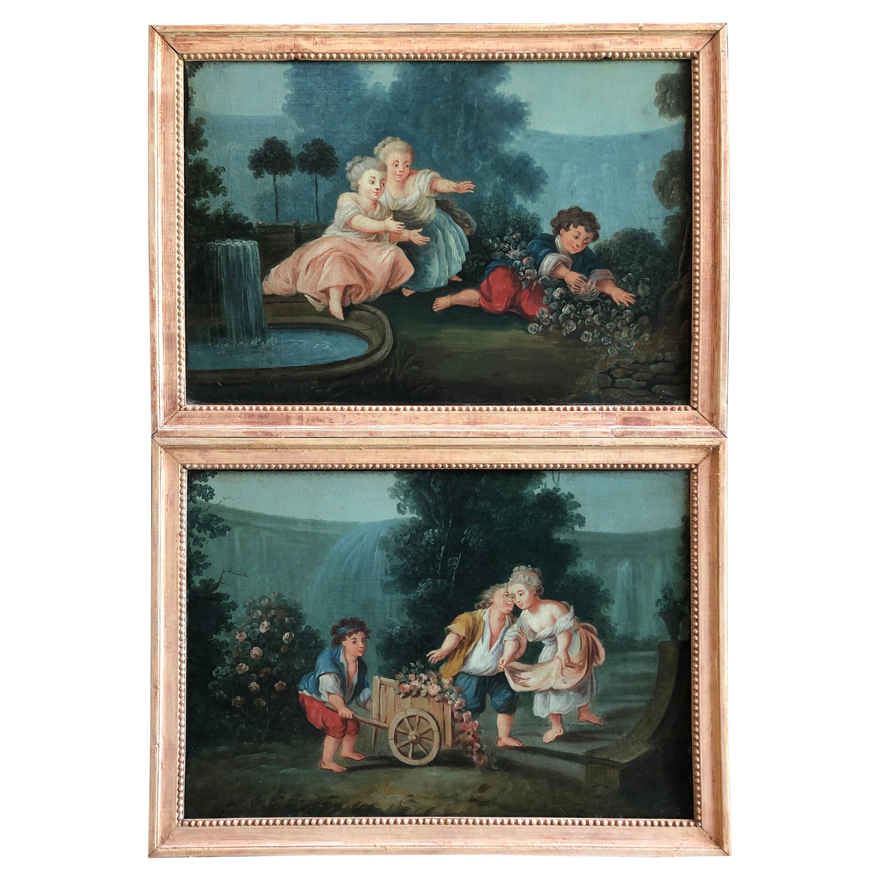 Pair of Naive French Paintings, Garden Theme, 18th C.
