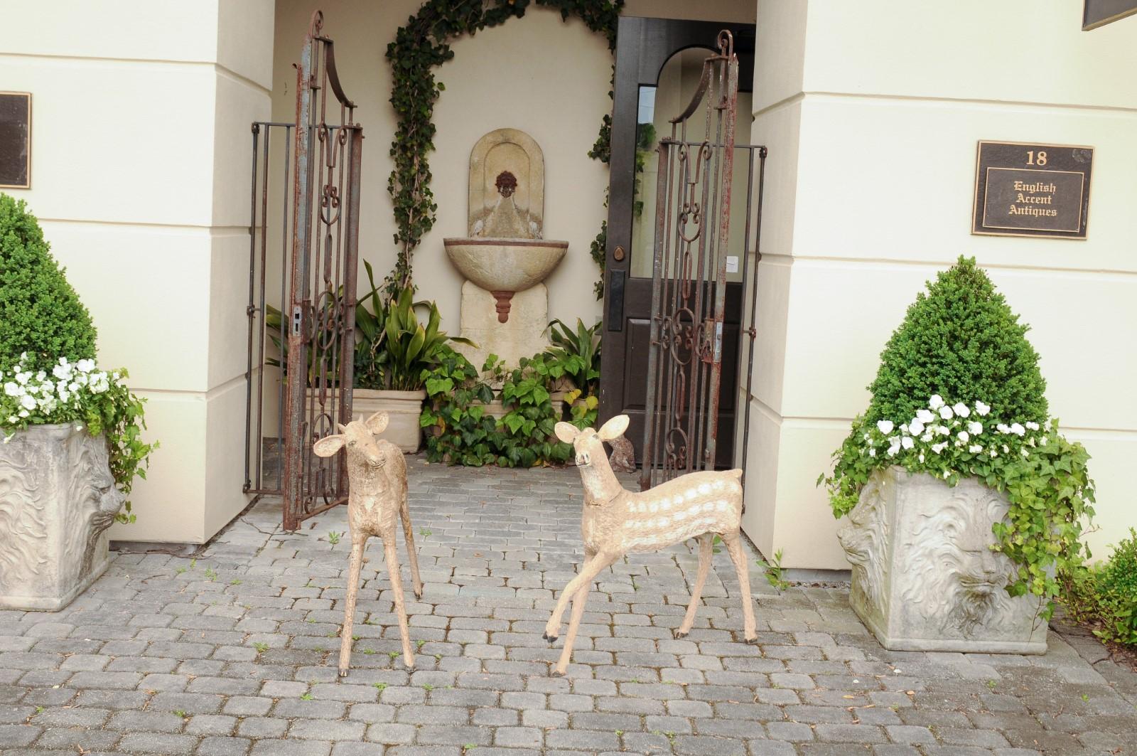 Rustic Pair of Naive Style Carved Wooden Fawns from New Hampshire Lodge, circa 1930