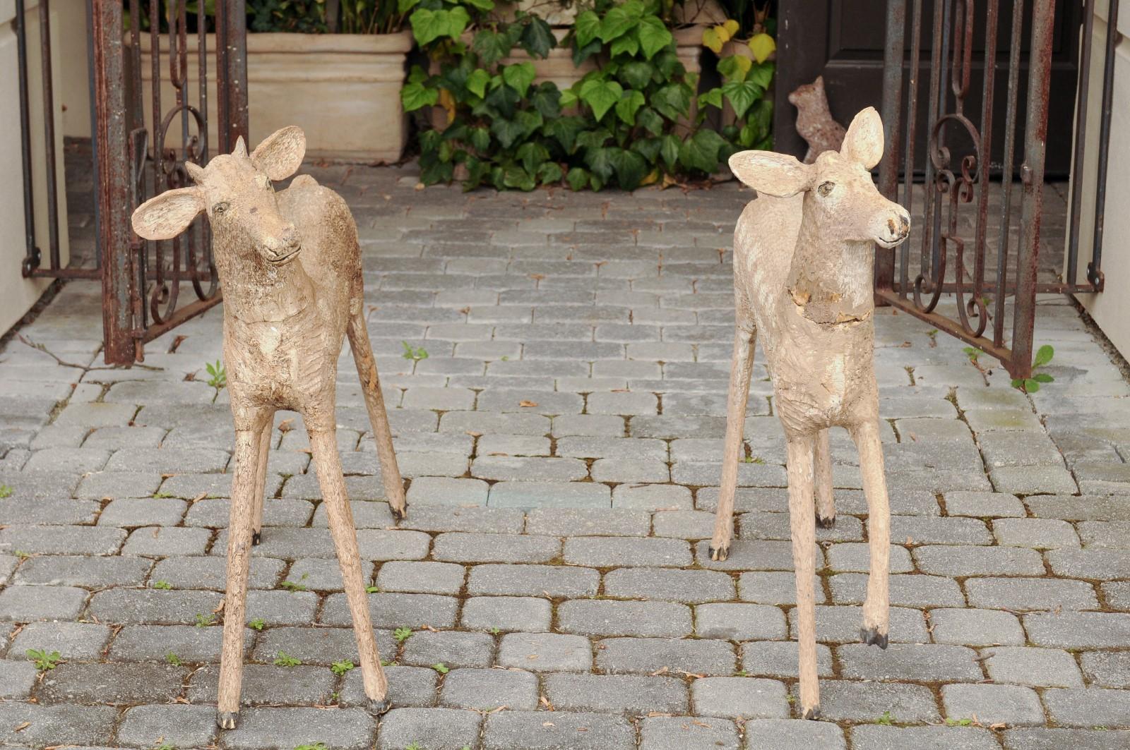 Pair of Naive Style Carved Wooden Fawns from New Hampshire Lodge, circa 1930 2