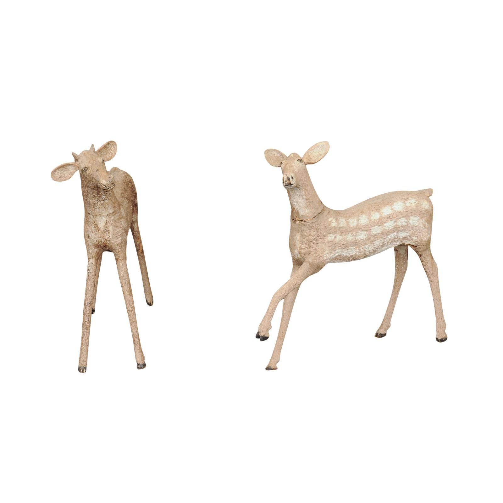 Pair of Naive Style Carved Wooden Fawns from New Hampshire Lodge, circa 1930