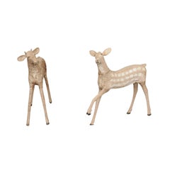 Used Pair of Naive Style Carved Wooden Fawns from New Hampshire Lodge, circa 1930