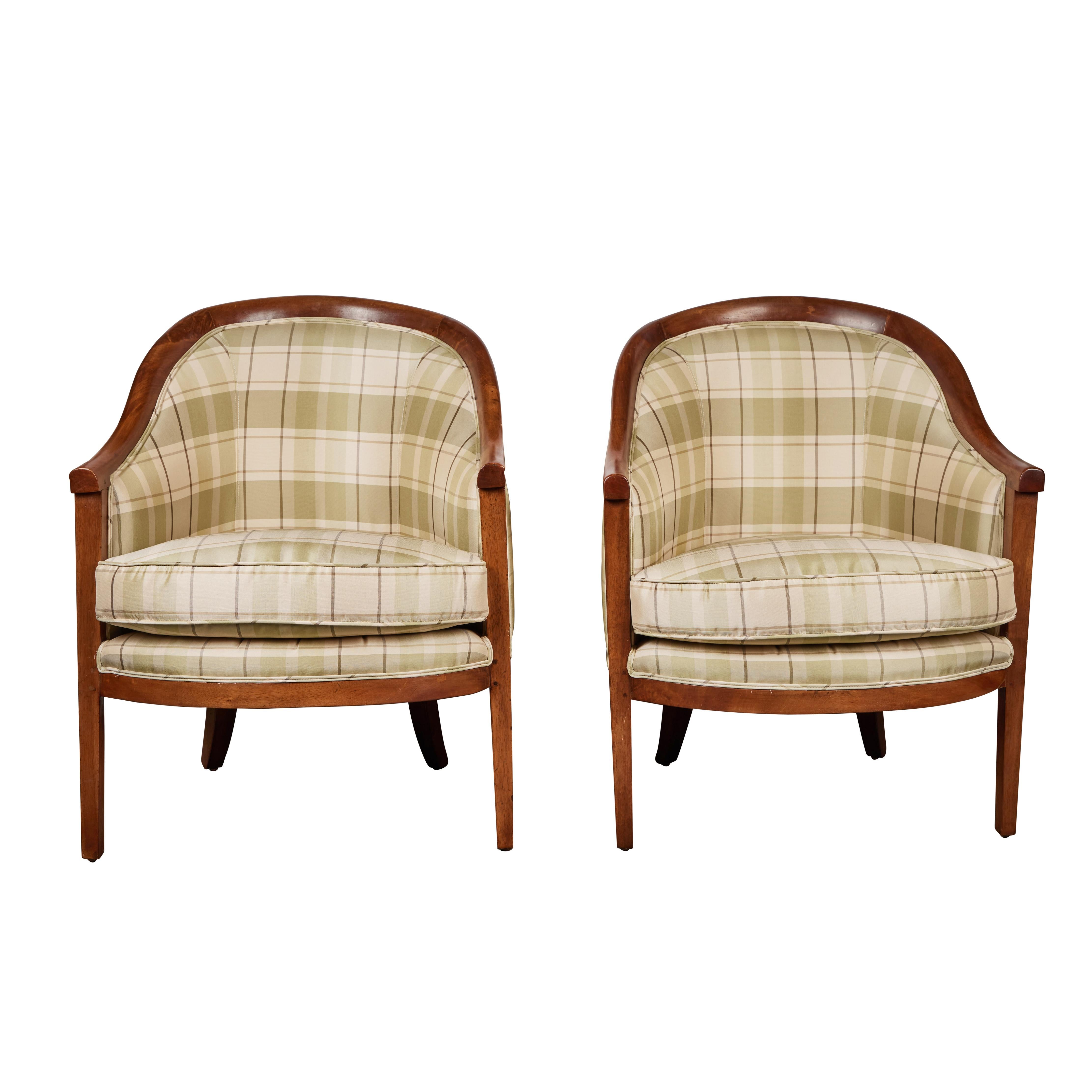 Pair of “Nana” and “Poppa” walnut barrel backed chairs from the area of Genoa. Upholstered in new Correggio silk fabric.  
