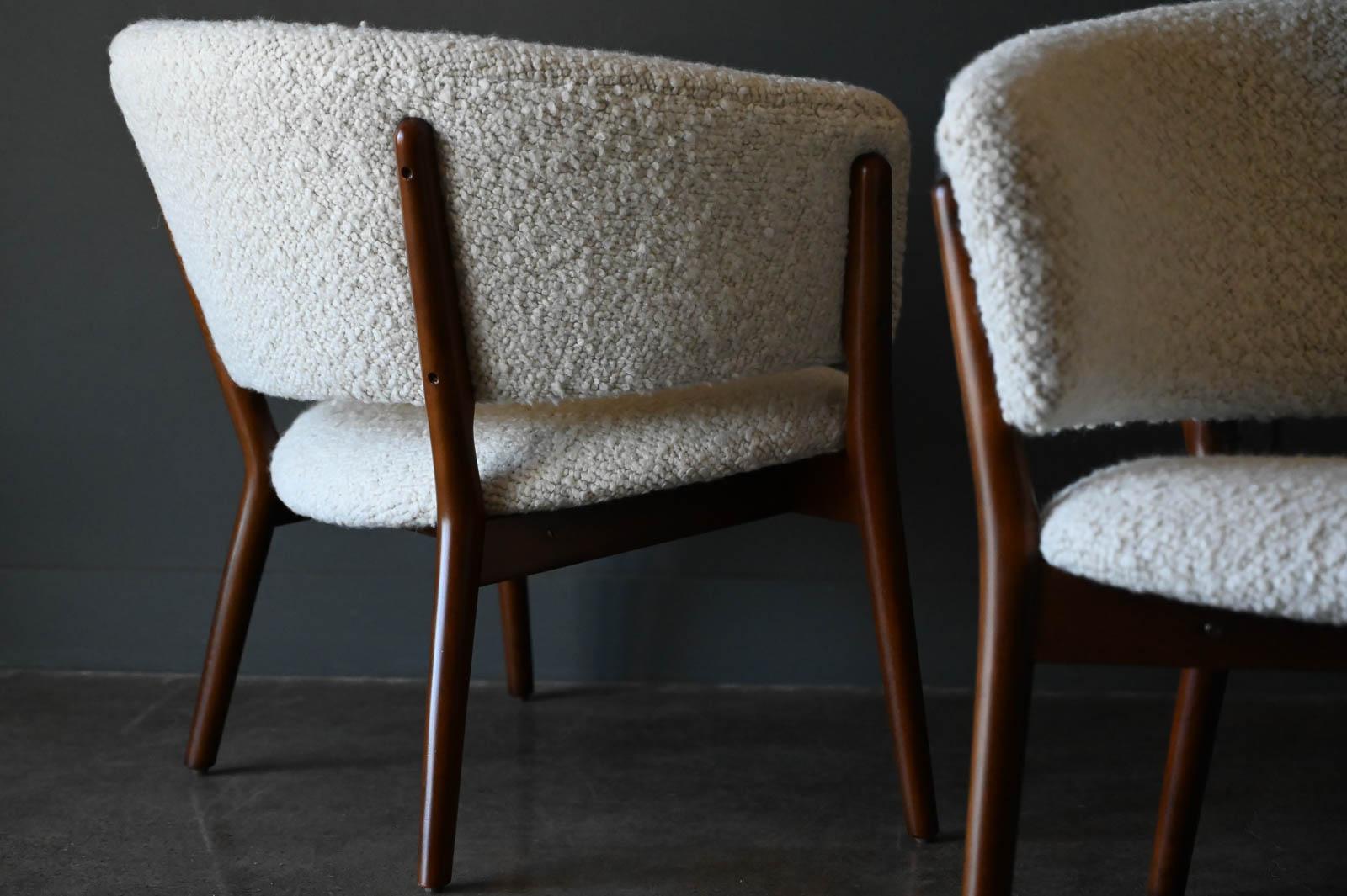 Danish Pair of Nanna Ditzel Model 83 Lounge Chairs in Pierre Frey Wool Bouclé, 1952 For Sale