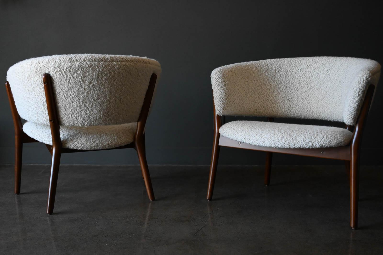 Pair of Nanna Ditzel Model 83 Lounge Chairs in Pierre Frey Wool Bouclé, 1952 In Excellent Condition In Costa Mesa, CA