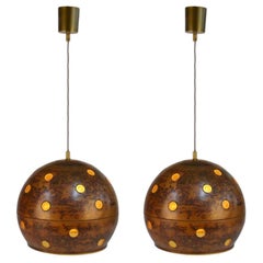 Coppia di lampade a sospensione in rame e vetro ambrato Nanny Still