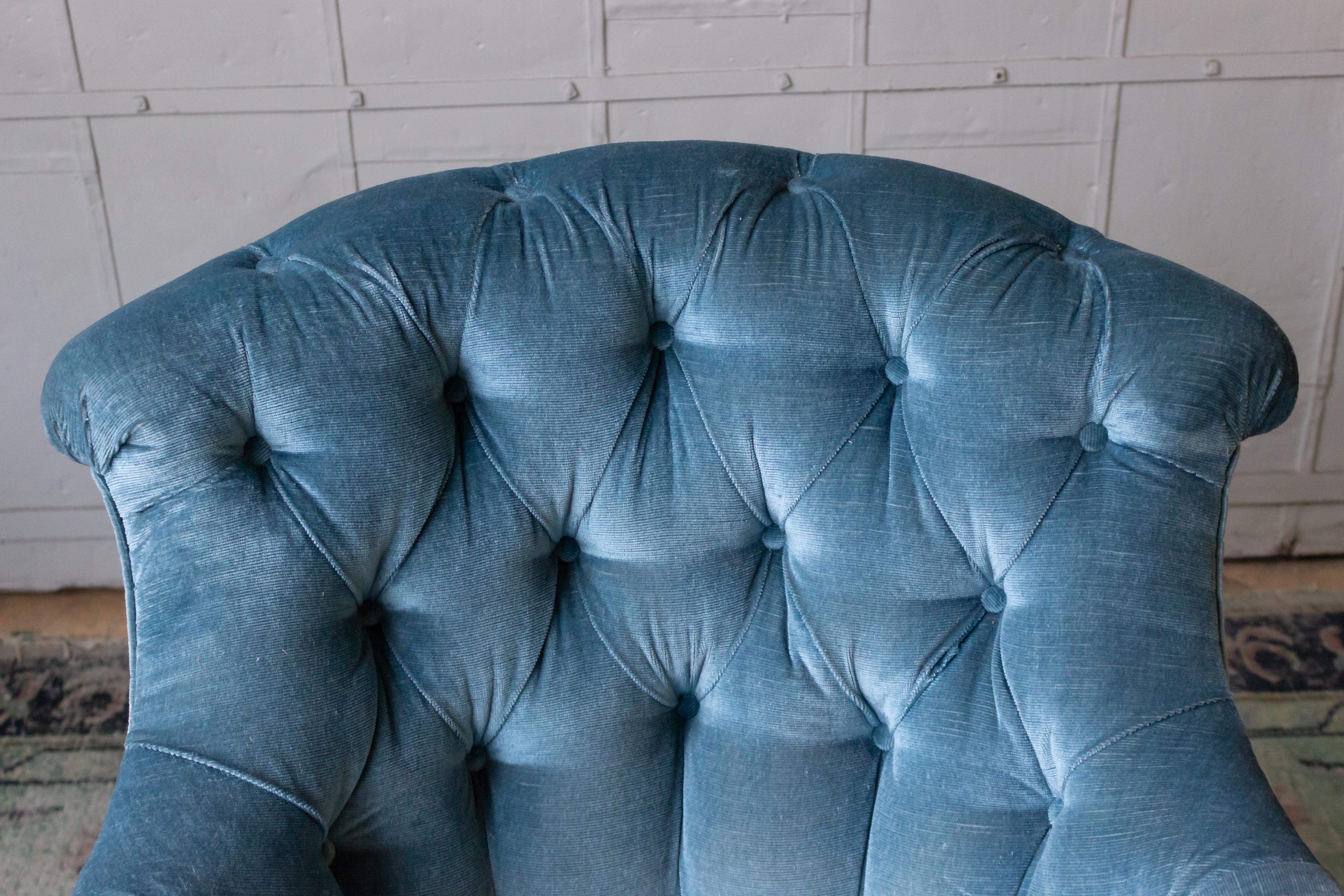 Pair of Nap III Tufted Armchairs in Light Blue Velvet with Bouillon Fringe 1