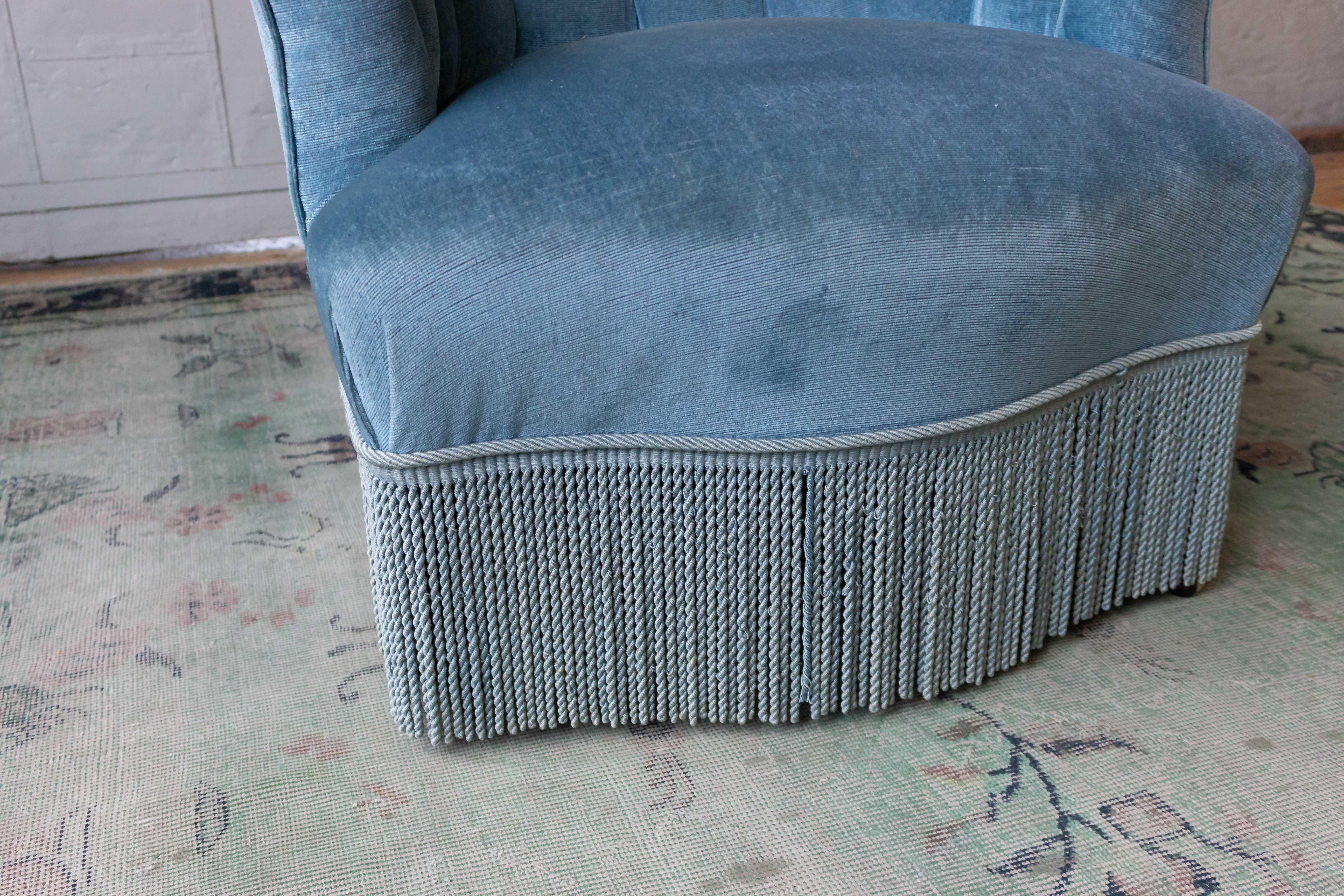 Pair of Nap III Tufted Armchairs in Light Blue Velvet with Bouillon Fringe 2