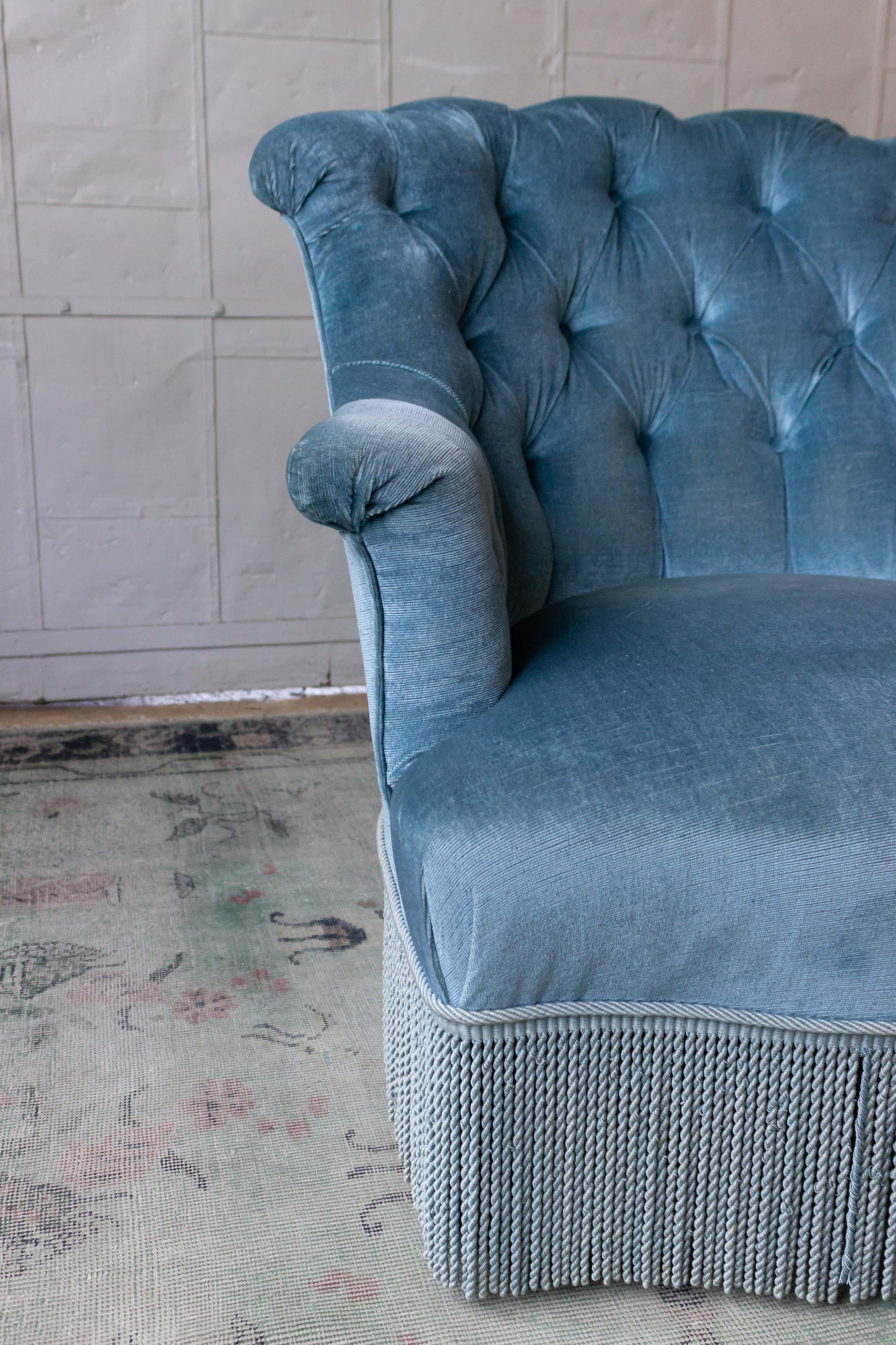 Pair of Nap III Tufted Armchairs in Light Blue Velvet with Bouillon Fringe 3
