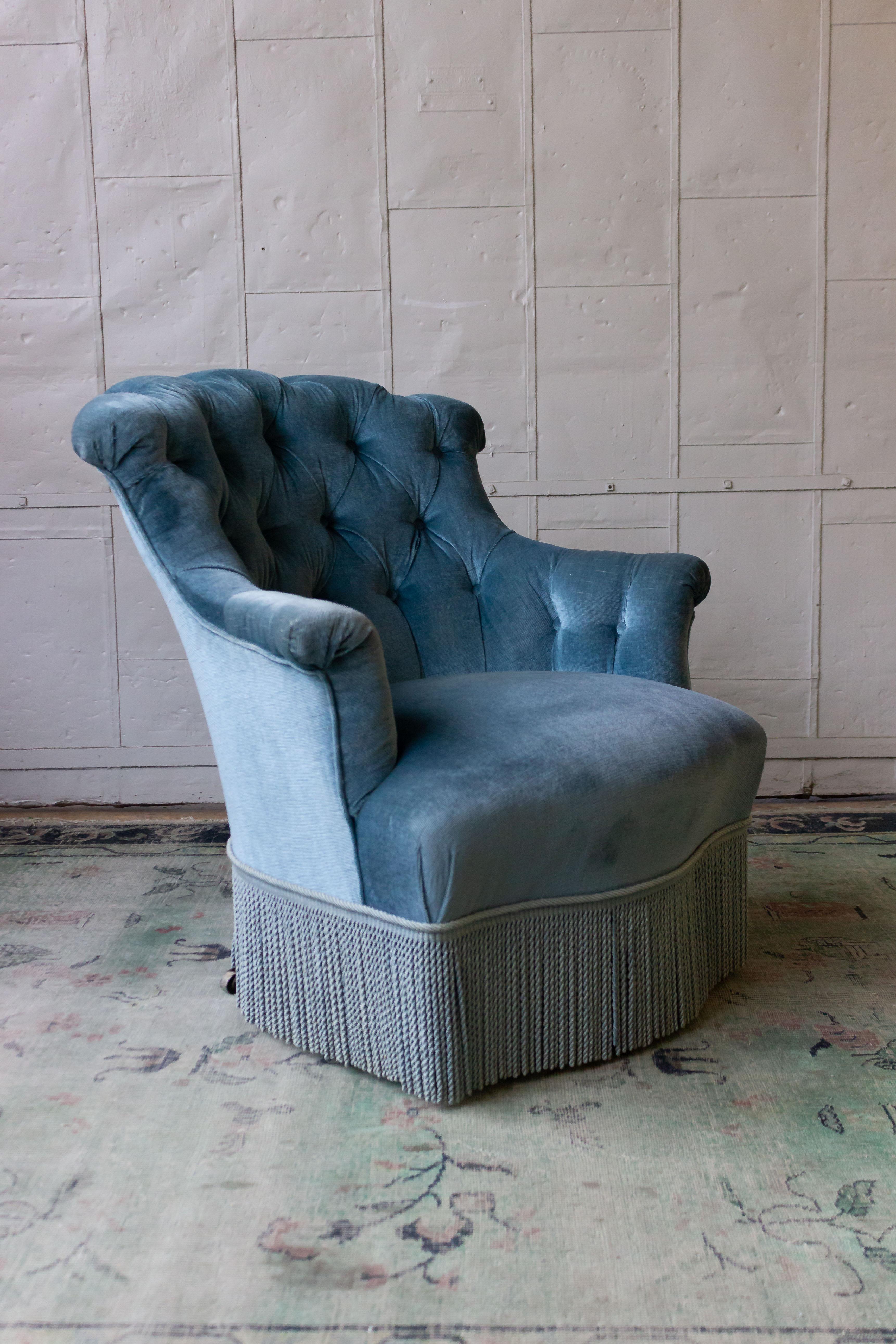 Napoleon III Pair of Nap III Tufted Armchairs in Light Blue Velvet with Bouillon Fringe