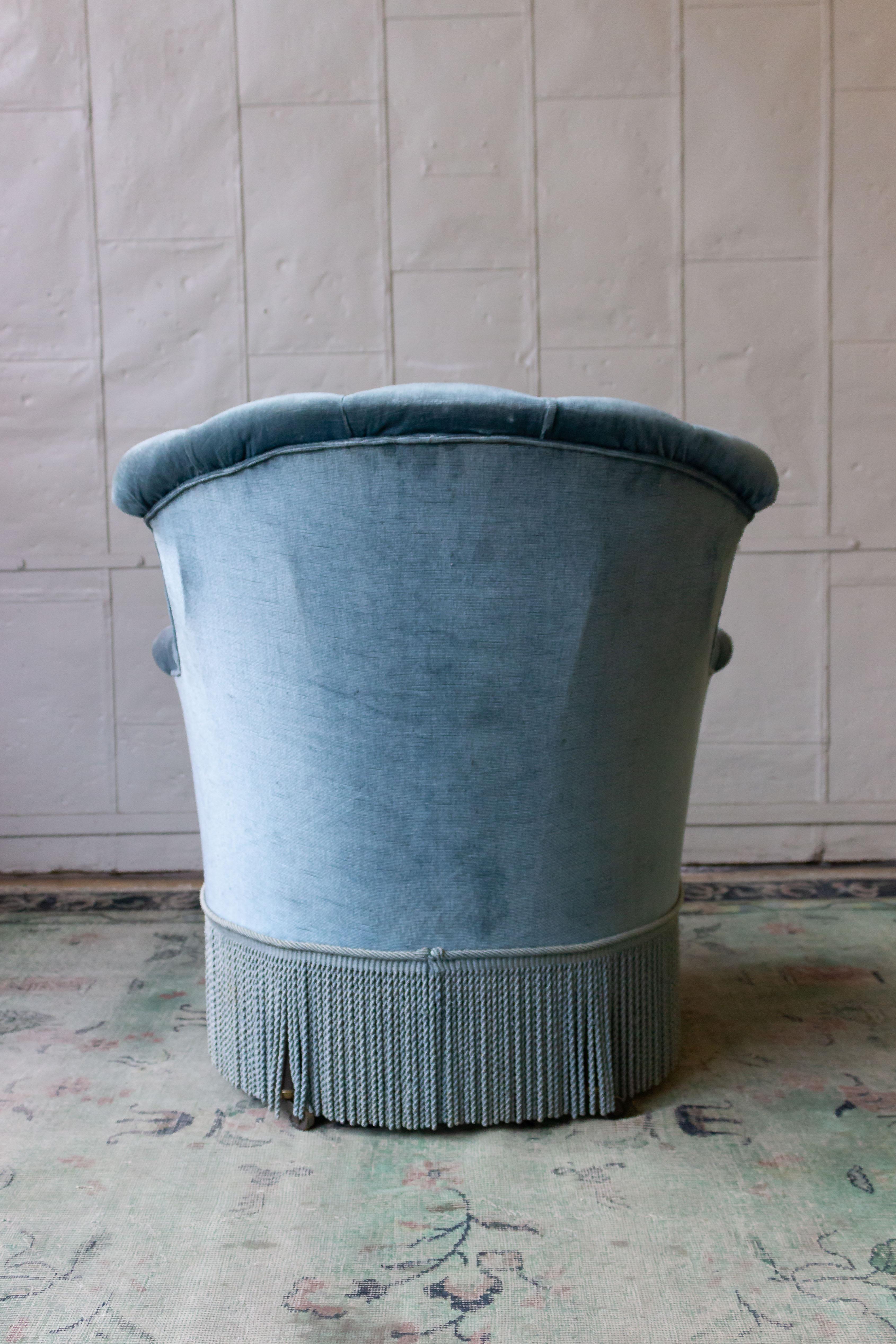 French Pair of Nap III Tufted Armchairs in Light Blue Velvet with Bouillon Fringe