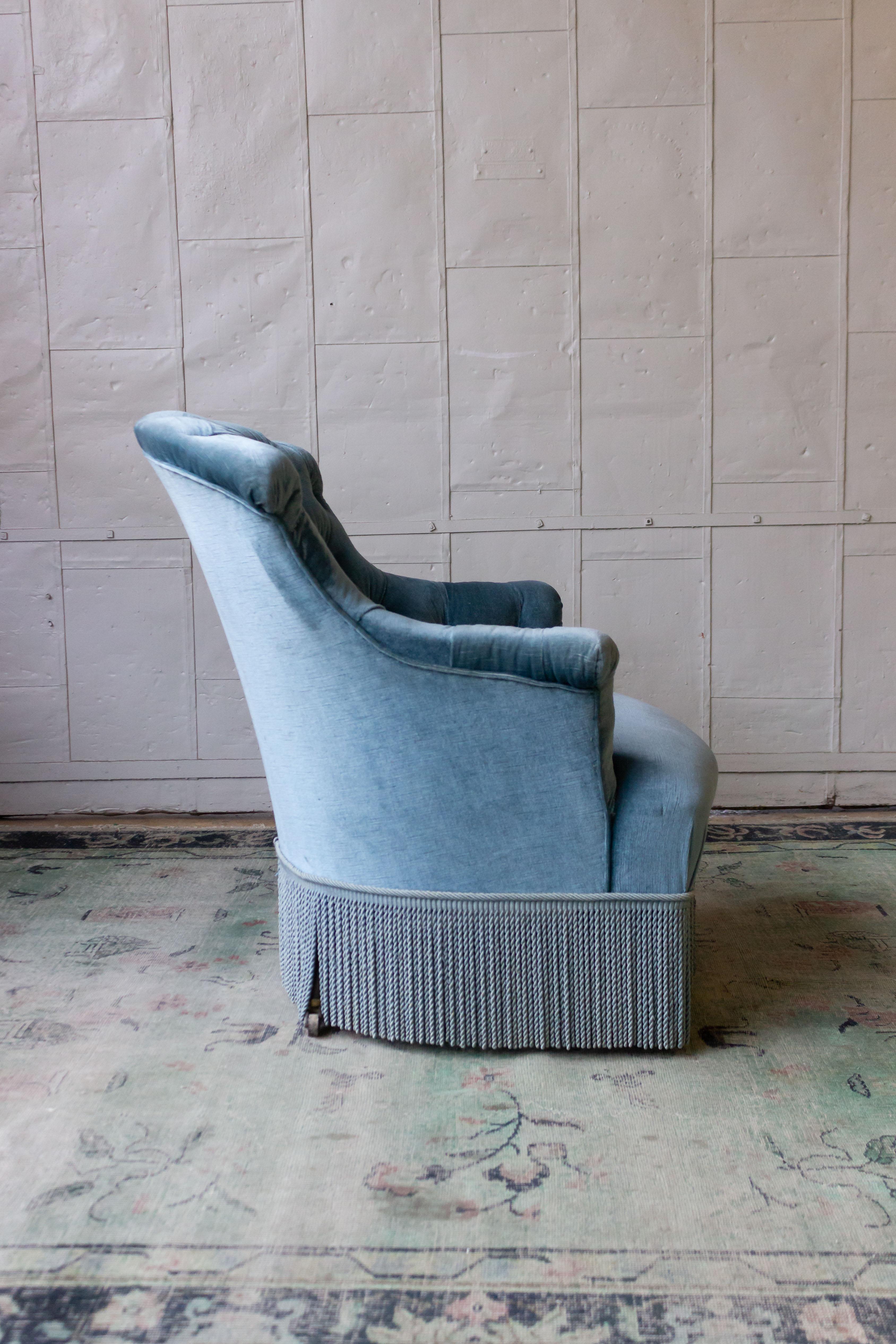 19th Century Pair of Nap III Tufted Armchairs in Light Blue Velvet with Bouillon Fringe