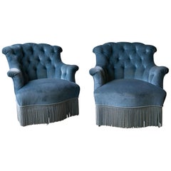 Pair of Nap III Tufted Armchairs in Light Blue Velvet with Bouillon Fringe 